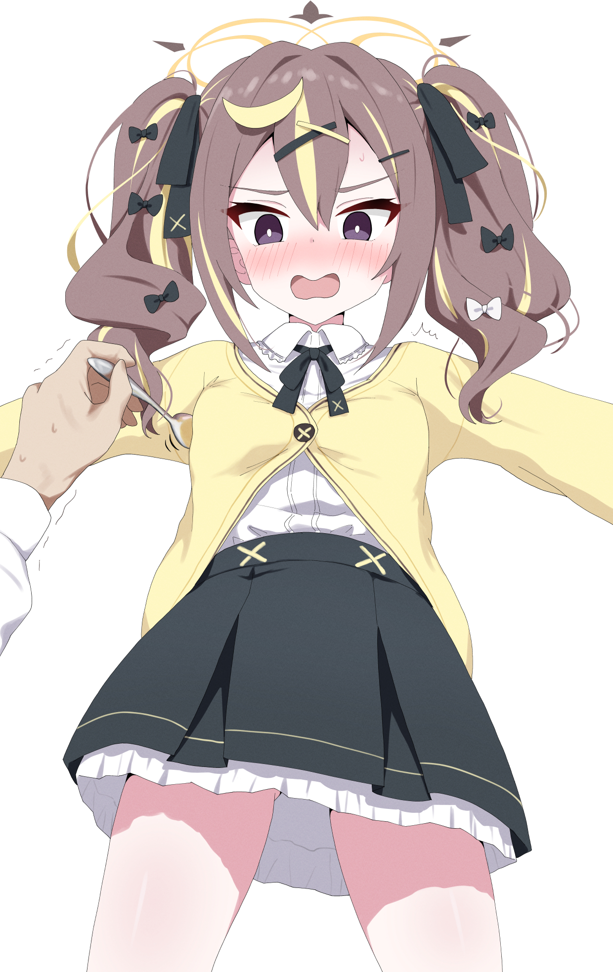 unamaso, rena (blue archive), blue archive, commentary request, highres, 1girl, black bow, black skirt, blonde hair, blush, bow, brown eyes, brown hair, cardigan, cowboy shot, hair bow, halo, holding, holding spoon, long hair, multicolored hair, open mouth, shirt, shirt tucked in, simple background, skirt, solo focus, spoon, streaked hair, twintails, white background, white bow, white shirt, yellow cardigan, yellow halo