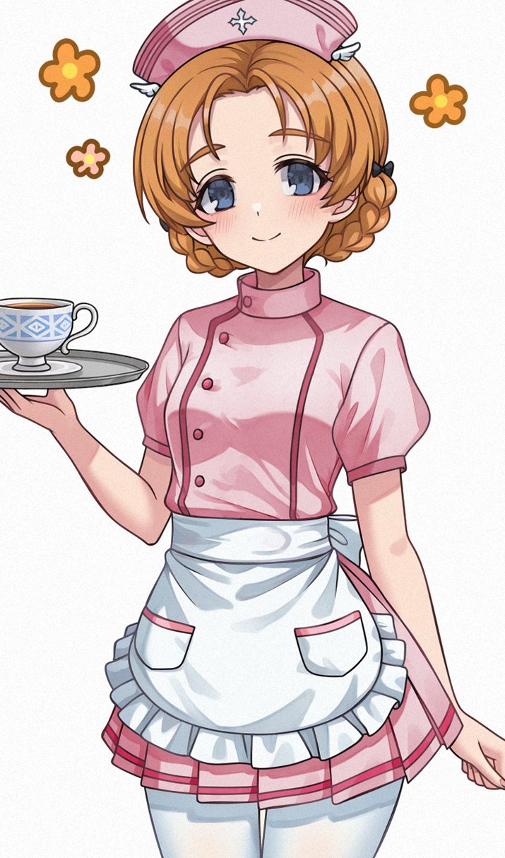 aadka5, orange pekoe (girls und panzer), girls und panzer, highres, 1girl, alternate costume, blue eyes, blush, breasts, cup, feet out of frame, hat, holding, holding cup, long hair, long sleeves, looking at viewer, nurse, nurse cap, orange hair, small breasts, smile, solo, standing, teacup, thighhighs, white thighhighs