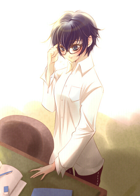 sakurasawa yukino, shirogane naoto, atlus, persona, persona 4, blue hair, blush, dress shirt, glasses, shirt, short hair, solo