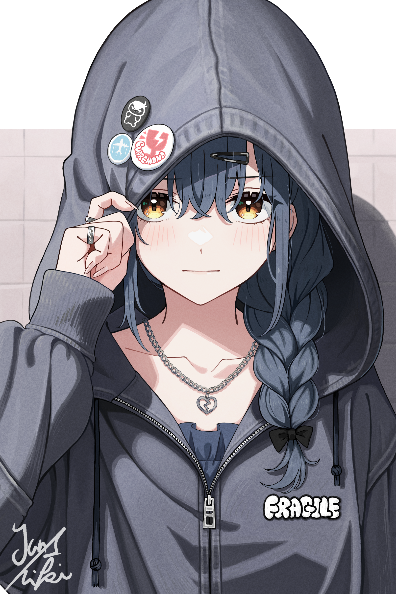 junshiki, original, absurdres, commentary request, commission, highres, skeb commission, 1girl, badge, blush, braid, braided ponytail, brown eyes, button badge, closed mouth, collarbone, grey hair, grey jacket, hair ornament, hair over shoulder, hairclip, hood, hood up, hooded jacket, jacket, jewelry, long sleeves, looking at viewer, necklace, partially unzipped, ring, shadow, sidelocks, signature, solo