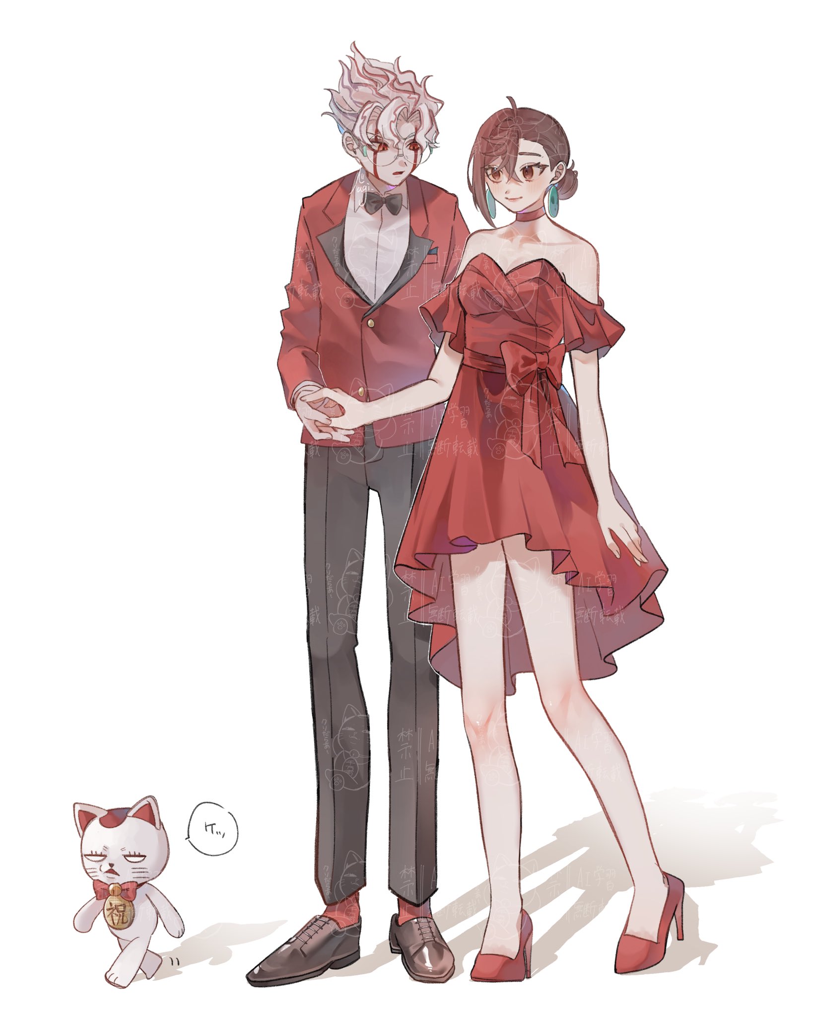 n nagi3, ayase momo, takakura ken (dandadan), takakura ken (transformed) (dandadan), turbo granny (dandadan), dandadan, highres, 1boy, 1girl, ahoge, bare shoulders, black bow, black bowtie, black pants, black shoes, bow, bowtie, breasts, brown eyes, brown hair, cat, choker, collared shirt, couple, crossed bangs, dress, dress shoes, earrings, full body, glasses, hair between eyes, hair bun, hetero, high heels, holding hands, jacket, jewelry, looking at another, medium breasts, multicolored hair, off-shoulder dress, off shoulder, official alternate costume, pants, parted bangs, parted lips, pumps, red choker, red dress, red eyes, red hair, red jacket, red shoes, red socks, round eyewear, shirt, shoes, smile, socks, streaked hair, suit jacket, tuxedo, updo, walking, wavy hair, white background, white hair, white shirt