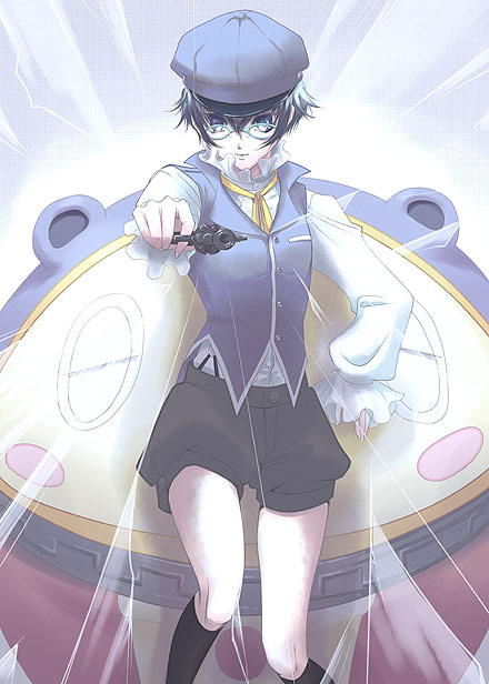 sakurasawa yukino, kuma (persona 4), shirogane naoto, atlus, persona, persona 4, 1girl, androgynous, female focus, frills, gathers, glasses, gun, handgun, hat, newsboy cap, reverse trap, revolver, shorts, solo, vest, weapon