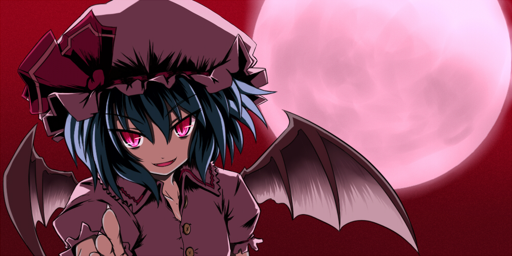 nanatsume, remilia scarlet, touhou, bad id, bad pixiv id, 1girl, bat wings, blue hair, fangs, female focus, fingernails, full moon, hat, long fingernails, looking at viewer, moon, pink eyes, pointing, pointing at viewer, red eyes, red moon, red sky, short hair, sky, solo, upper body, wings