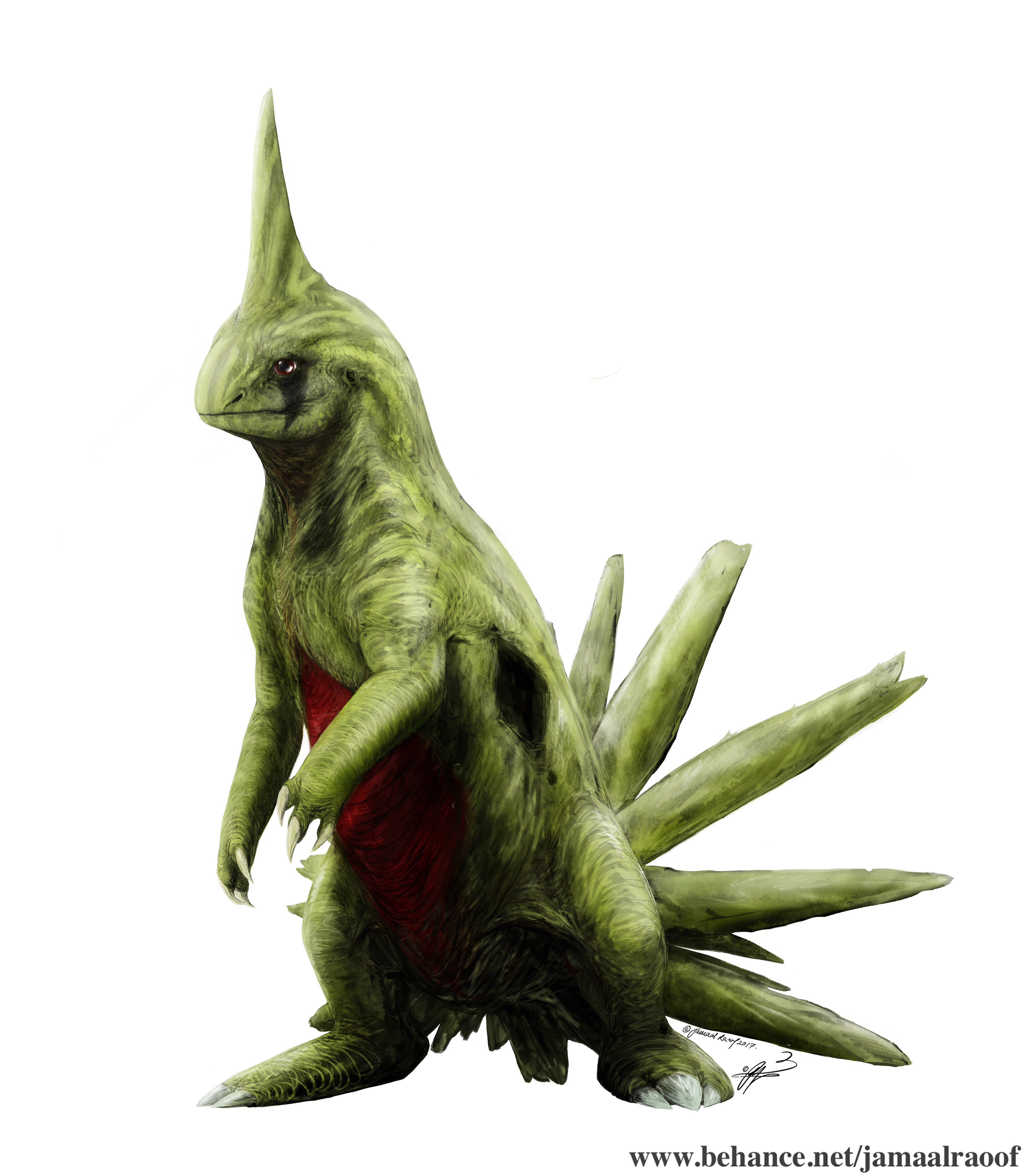 larvitar, nintendo, pokemon, absurdres, commentary, english commentary, highres, artist name, full body, gen 2 pokemon, jamaal raoof, lizard, no humans, pokemon (creature), simple background, standing, watermark, web address, white background