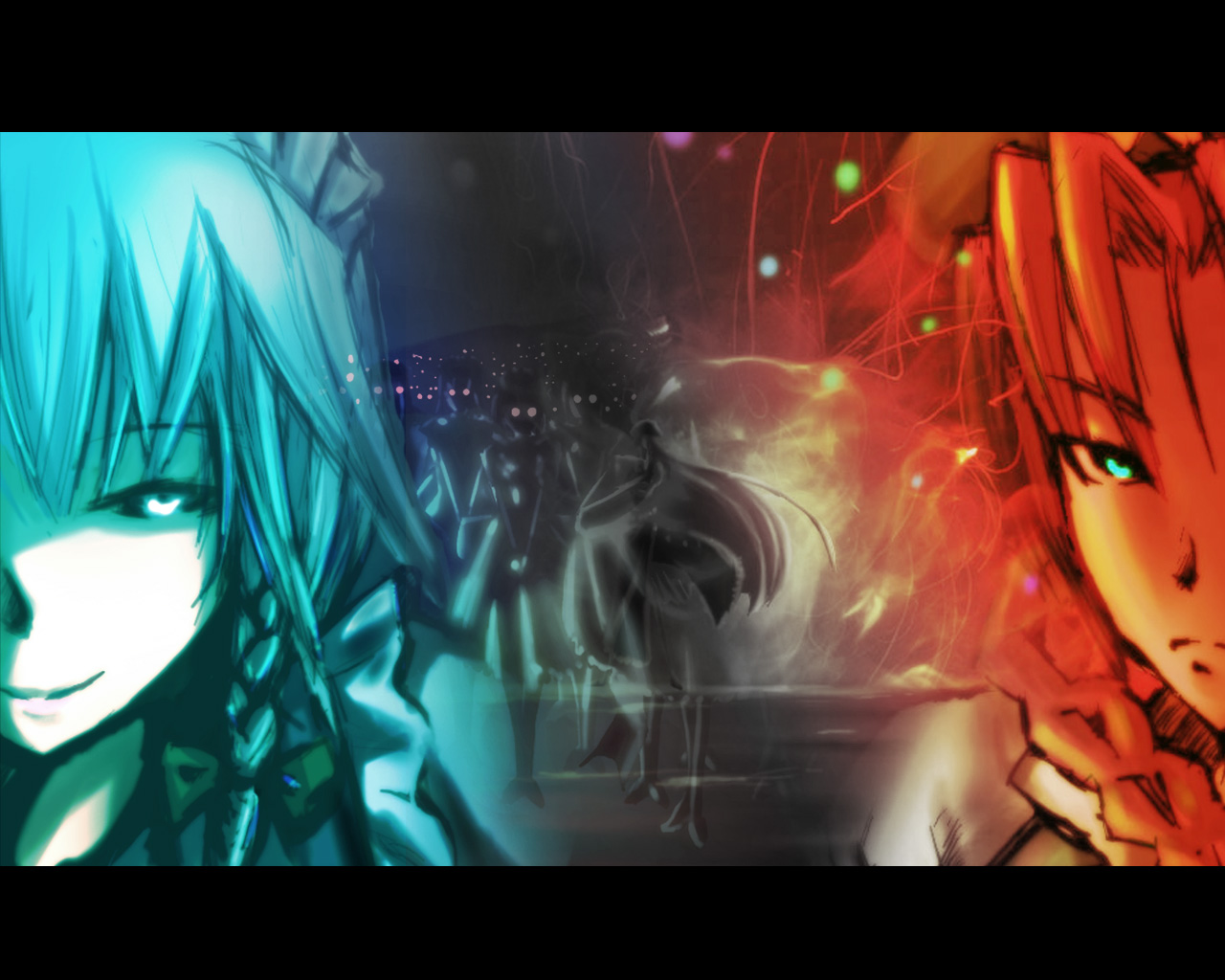 verynezumi, hong meiling, izayoi sakuya, touhou, silver hair, 2girls, braid, female focus, glowing, glowing eyes, green eyes, hat, letterboxed, multiple girls, red hair