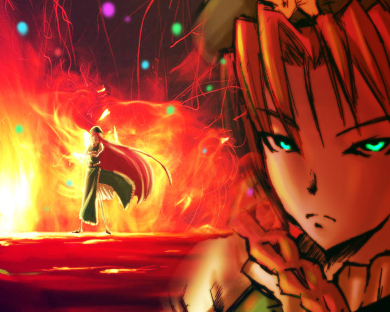 verynezumi, hong meiling, touhou, 1girl, braid, female focus, fire, glowing, glowing eyes, green eyes, hat, long hair, red hair, solo
