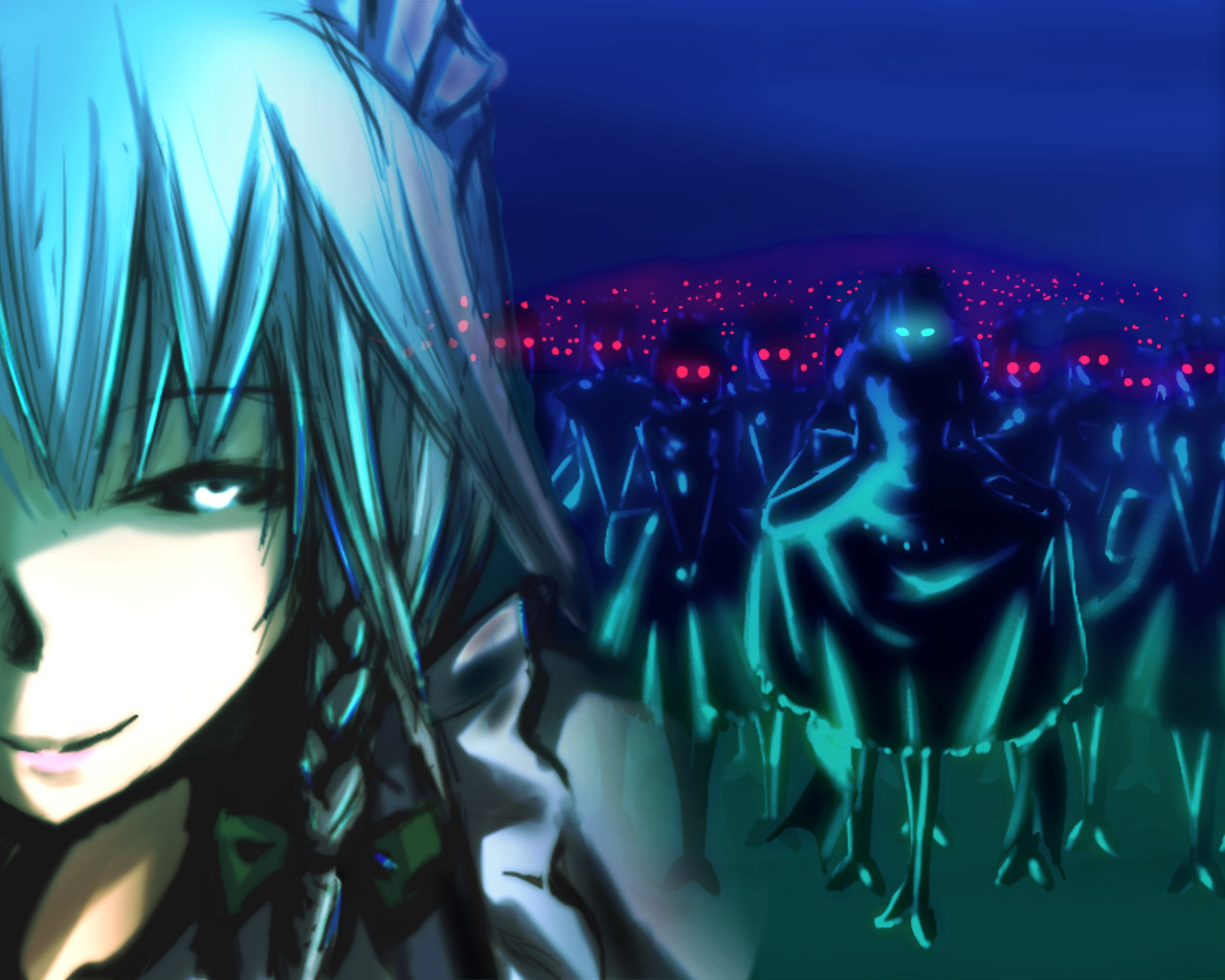 verynezumi, izayoi sakuya, touhou, silver hair, 1girl, 6+girls, blue eyes, braid, clone, creepy, female focus, glowing, glowing eyes, gradient background, horror (theme), maid, multiple girls, red eyes, ribbon