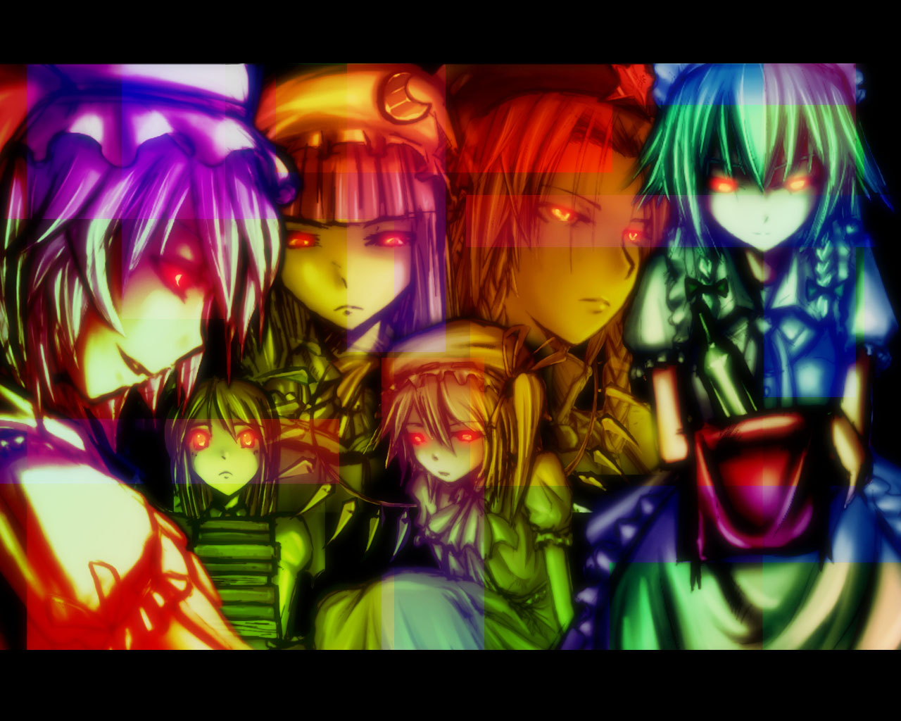 verynezumi, flandre scarlet, hong meiling, izayoi sakuya, koakuma, patchouli knowledge, remilia scarlet, embodiment of scarlet devil, touhou, 6+girls, dress, female focus, glowing, glowing eyes, hat, maid, multiple girls, red eyes, upper body