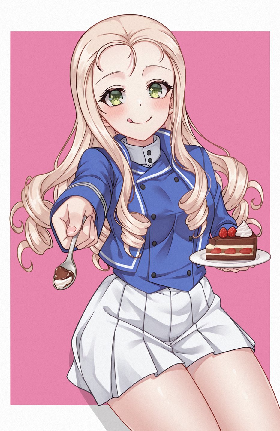 aadka5, marie (girls und panzer), girls und panzer, highres, 1girl, bc freedom military uniform, blonde hair, blue jacket, blush, breasts, cake, cake slice, drill hair, food, green eyes, holding, holding spoon, jacket, long hair, medium breasts, sitting, skirt, solo, spoon, tongue, tongue out, white skirt