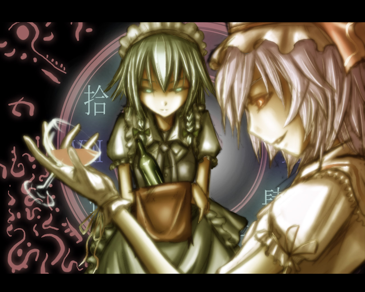 verynezumi, izayoi sakuya, remilia scarlet, touhou, translated, 2girls, artistic error, bottle, clock, cup, cupping glass, drinking glass, female focus, multiple girls, wine glass