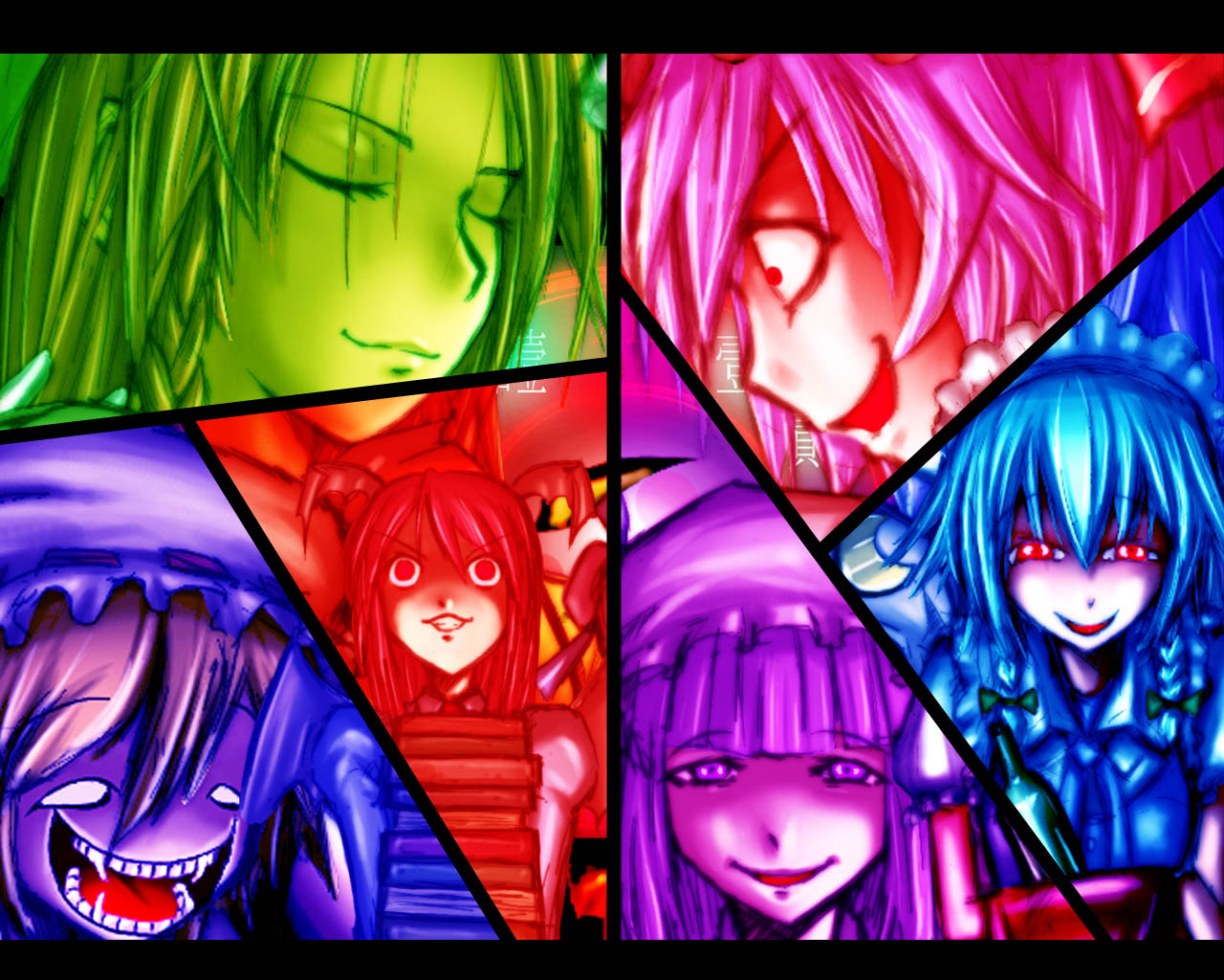 verynezumi, flandre scarlet, hong meiling, izayoi sakuya, koakuma, patchouli knowledge, remilia scarlet, embodiment of scarlet devil, touhou, 6+girls, bow, clock, closed eyes, crazy eyes, fangs, female focus, glowing, glowing eyes, hair bow, hat, head wings, multiple girls, smile, wings