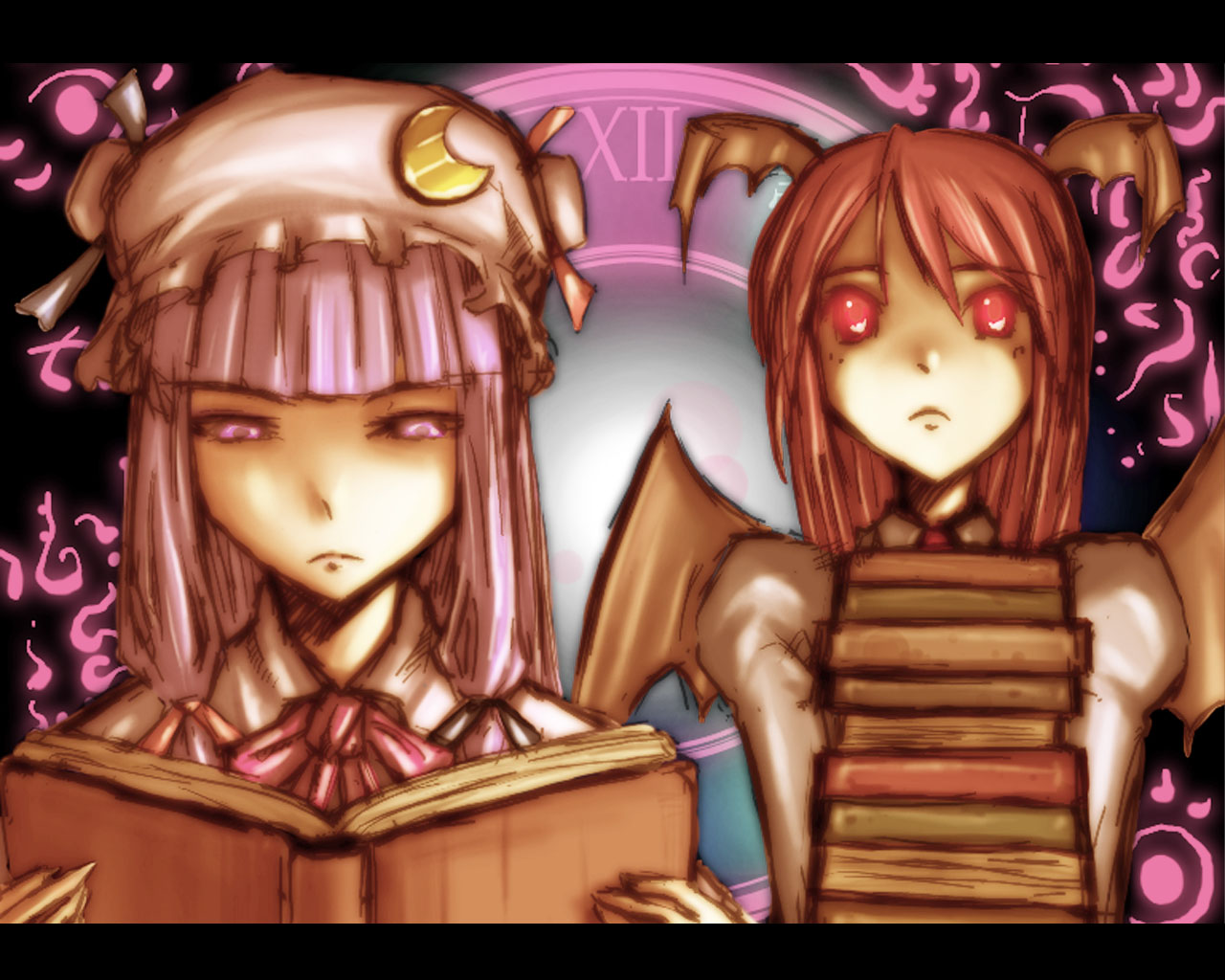 verynezumi, koakuma, patchouli knowledge, embodiment of scarlet devil, touhou, 2girls, bat wings, book, clock, crescent hat ornament, female focus, hat, hat ornament, head wings, long hair, multiple girls, purple eyes, purple hair, red eyes, red hair, wings