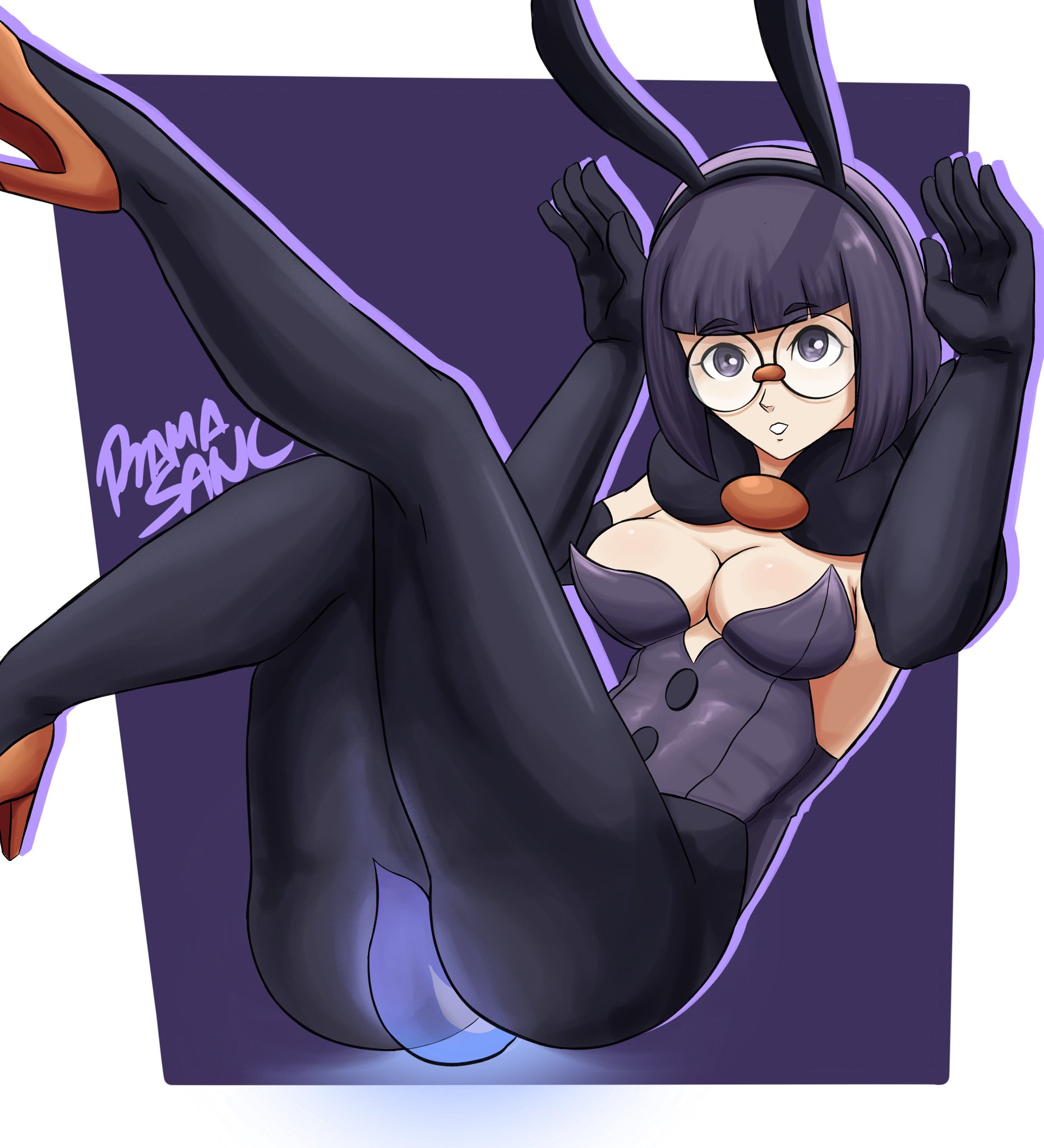 ramasan, shauntal (pokemon), nintendo, pokemon, pokemon bw, highres, 1girl, alternate costume, animal ears, black gloves, black pantyhose, blunt bangs, bob cut, breasts, cleavage, elbow gloves, fake animal ears, glasses, gloves, high heels, leotard, medium breasts, neck pillow, orange shoes, pantyhose, playboy bunny, purple eyes, purple hair, purple leotard, rabbit ears, rimless eyewear, round eyewear, shoes, short hair, strapless, strapless leotard
