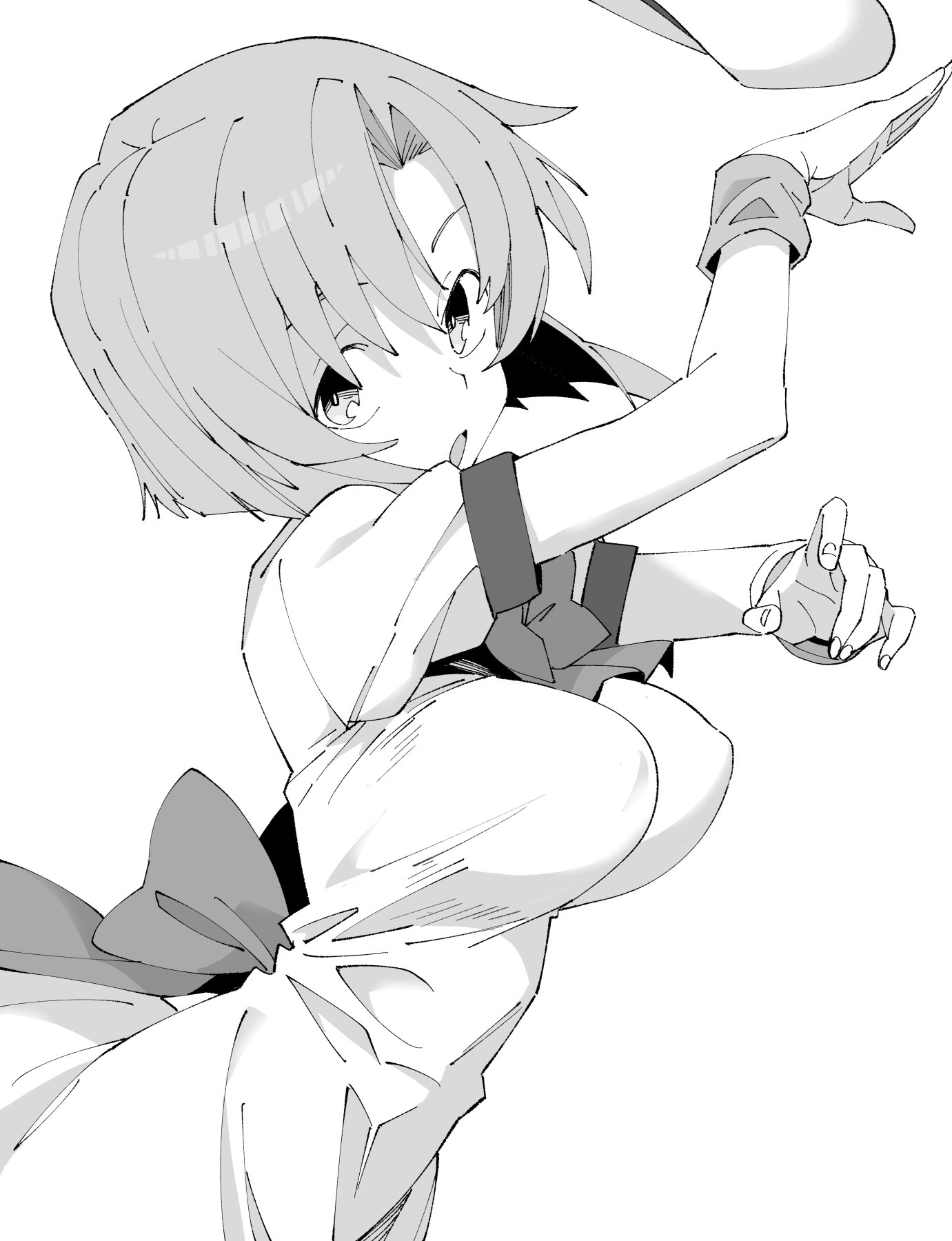 henyaan (oreizm), ryuuguu rena, higurashi no naku koro ni, 1girl, beret, bow, bowtie, breasts, covered erect nipples, dress, hat, impossible clothes, looking at viewer, nipples, short hair, short sleeves, unworn hat, unworn headwear, waist bow, white dress