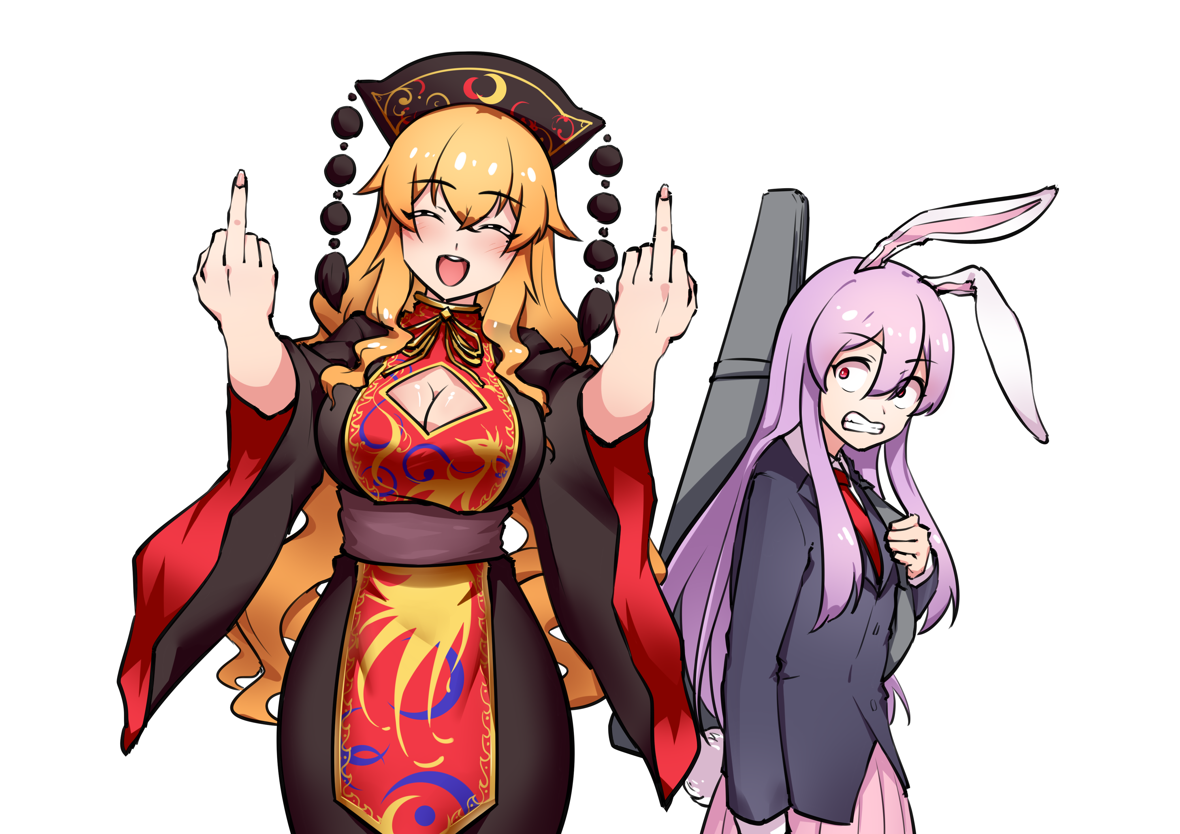shriohalfarm, junko (touhou), reisen udongein inaba, touhou, absurdres, highres, 2girls, animal ears, black dress, black hat, black jacket, breasts, buttons, chinese clothes, cleavage cutout, closed eyes, clothing cutout, collared shirt, cowboy shot, crescent, crescent print, double middle finger, dress, fingernails, hair between eyes, hands up, happy, hat, holding, jacket, lapels, large breasts, long fingernails, long hair, long sleeves, looking at another, mandarin collar, middle finger, multiple girls, neck ribbon, necktie, open mouth, orange hair, phoenix print, pink skirt, pleated skirt, pom pom (clothes), purple hair, rabbit ears, rabbit girl, rabbit tail, red eyes, red necktie, red tabard, ribbon, shirt, sidelocks, simple background, skirt, smile, standing, tabard, tail, tassel, teeth, wavy hair, white background, white shirt, wide-eyed, wide sleeves, yellow ribbon