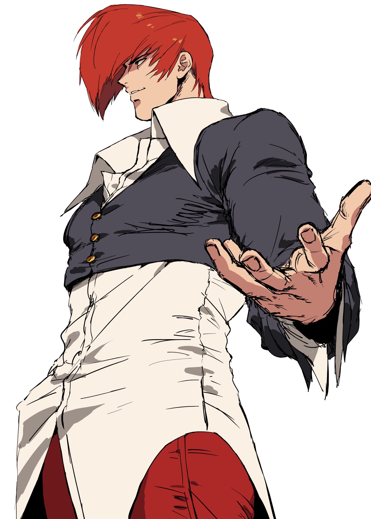 beniazumaru, yagami iori, the king of fighters, highres, 1boy, arm up, buttons, closed mouth, collared shirt, cropped shirt, fingernails, long sleeves, male focus, open collar, pants, profile, red hair, red pants, shirt, simple background, smile, standing, white background, white shirt, wing collar