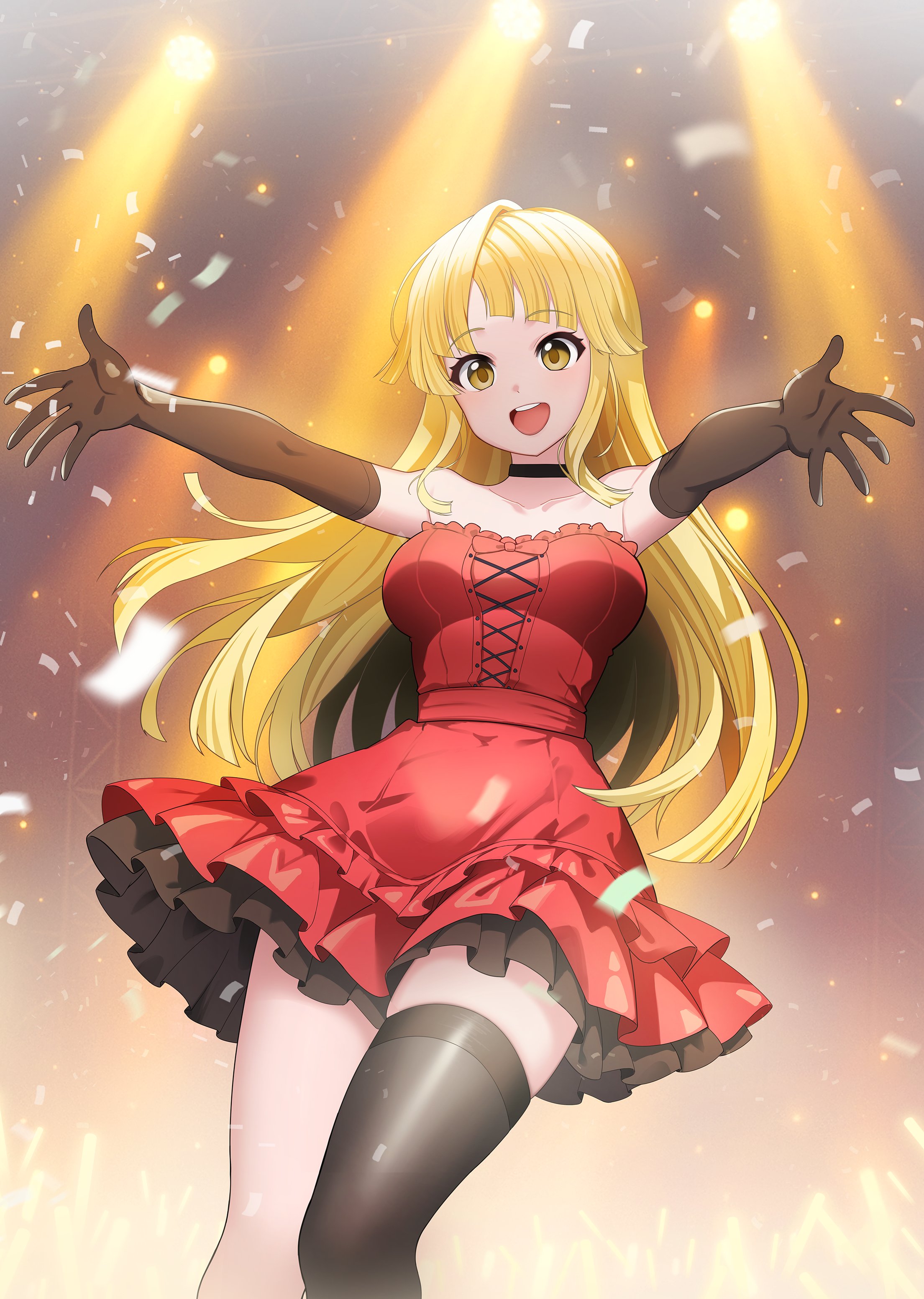 dopamine70, tsurumaki kokoro, bang dream!, absurdres, highres, 1girl, alternate costume, black gloves, black thighhighs, blonde hair, breasts, dress, elbow gloves, feet out of frame, gloves, happy, large breasts, long hair, open mouth, red dress, solo, standing, teeth, thighhighs, upper teeth only, yellow eyes