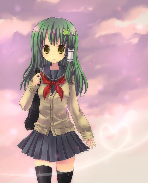 yukishiro mafuyu, kochiya sanae, touhou, bad id, bad pixiv id, 1girl, alternate costume, female focus, green hair, school uniform, serafuku, solo, thighhighs, zettai ryouiki
