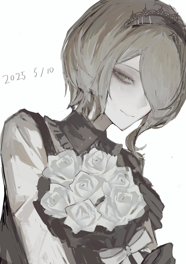 gure (sgr 1226), tojo kirumi, danganronpa (series), danganronpa v3: killing harmony, hashtag-only commentary, 1girl, 2025, black gloves, blonde hair, bouquet, dated, dress, eyelashes, flower, gloves, green eyes, grey hairband, grey theme, hair over one eye, hairband, half-closed eyes, holding, holding bouquet, lace-trimmed hairband, lace trim, light blush, long sleeves, looking at viewer, muted color, portrait, rose, shirt, short hair, smile, white background, white flower, white rose, white shirt