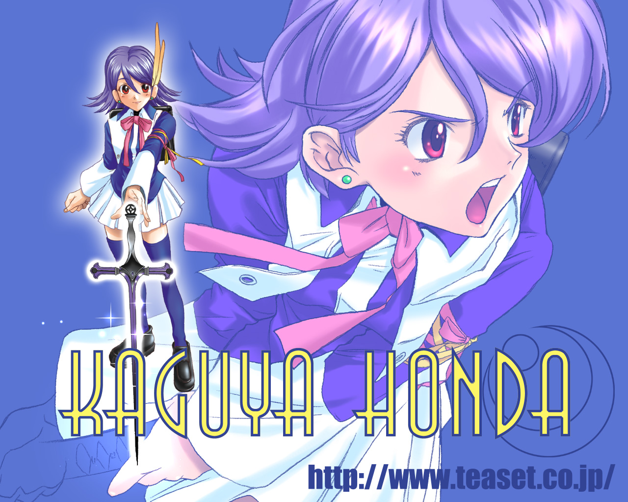 yamashita kouji, honda kaguya, samurai evolution oukoku geist, bad id, official art, official wallpaper, 1girl, arm ribbon, backpack, bag, black shoes, blue hair, blue shirt, blue thighhighs, bow, bowtie, briefcase, character name, closed mouth, crescent, earrings, feather hair ornament, feathers, full body, glint, hair between eyes, hair ornament, jewelry, medium hair, multiple views, open mouth, outstretched arm, pink bow, pink bowtie, pink ribbon, projected inset, red eyes, ribbon, school briefcase, shirt, shoes, skirt, smile, standing, sword, teeth, thighhighs, upper teeth only, watermark, weapon, web address, white skirt, yellow feathers, yellow ribbon