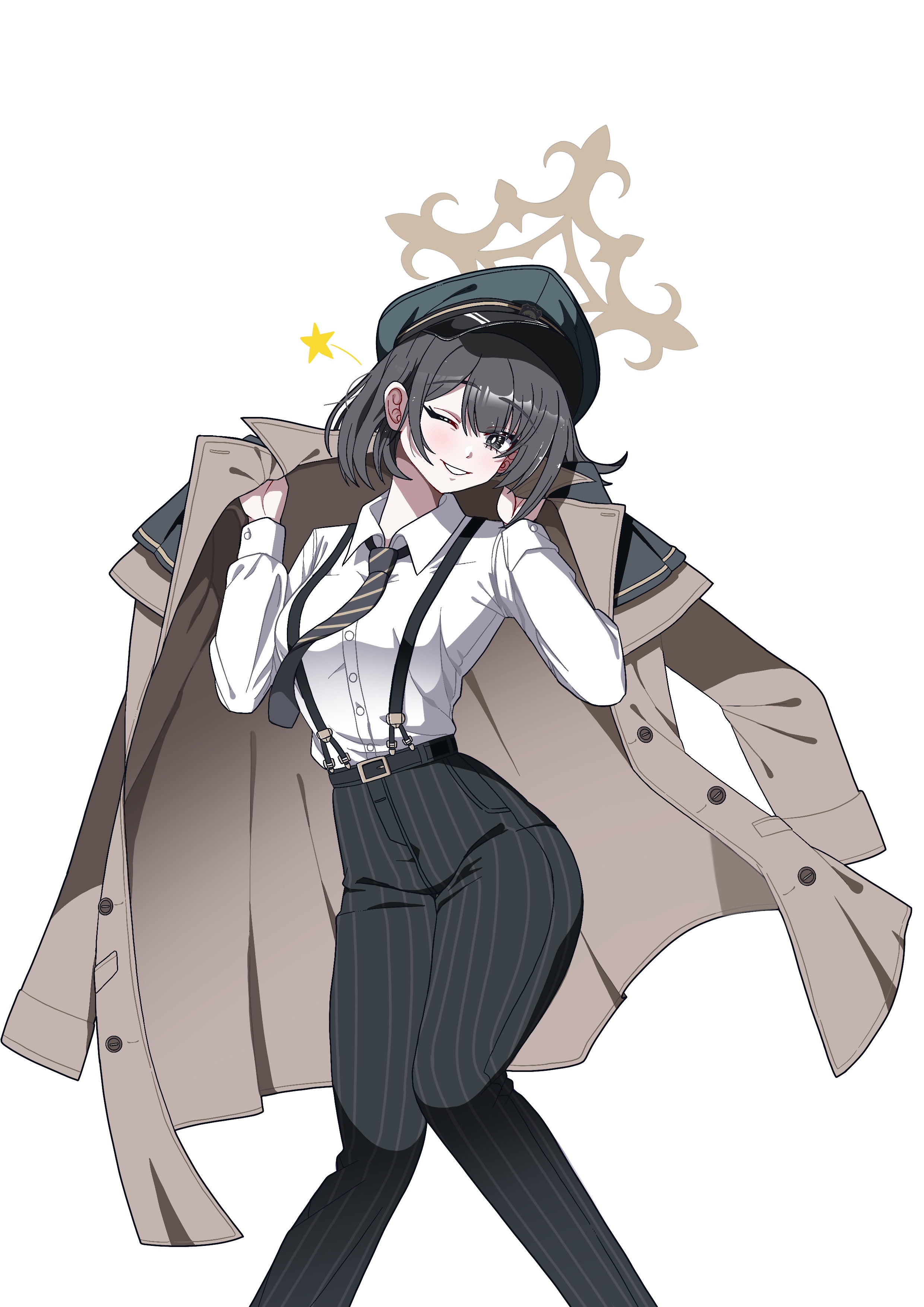 days (user zehd4554), hiromi (blue archive), blue archive, absurdres, highres, 1girl, black eyes, black hair, black necktie, black pants, breasts, brown coat, brown halo, coat, diagonal-striped clothes, diagonal-striped necktie, green hat, halo, hat, high-waist pants, looking at viewer, medium breasts, necktie, one eye closed, pants, peaked cap, shirt, short hair, smile, solo, striped clothes, striped pants, vertical-striped clothes, vertical-striped pants, white shirt