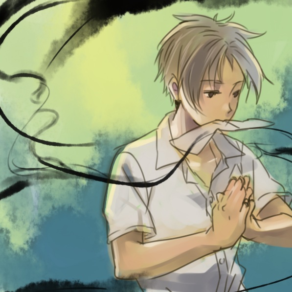 umishima senbon, natsume takashi, natsume yuujinchou, bad id, bad pixiv id, 00s, 1boy, dress shirt, male focus, mouth hold, own hands together, shirt, short hair, sketch, solo
