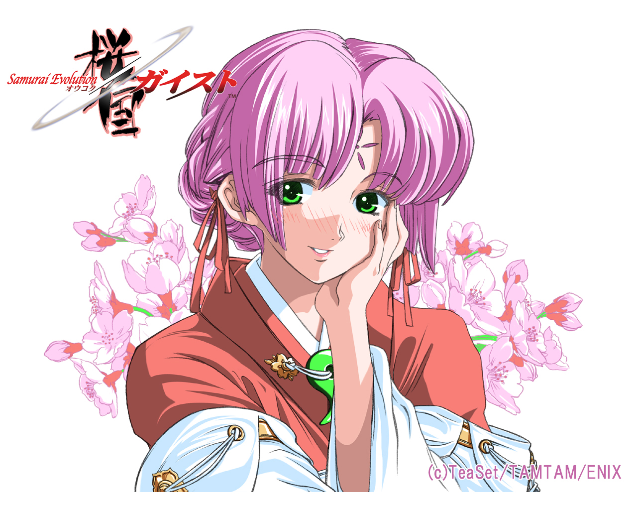 yamashita kouji, samurai evolution oukoku geist, bad id, official art, official wallpaper, 1girl, braid, cherry blossoms, copyright name, copyright notice, facial mark, flower, forehead mark, green eyes, hair ribbon, half up braid, hand on own cheek, hand on own face, japanese clothes, kimono, looking to the side, magatama, parted lips, pink flower, pink hair, pink kimono, portrait, red ribbon, ribbon, sakura (oukoku geist), short hair, smile, solo