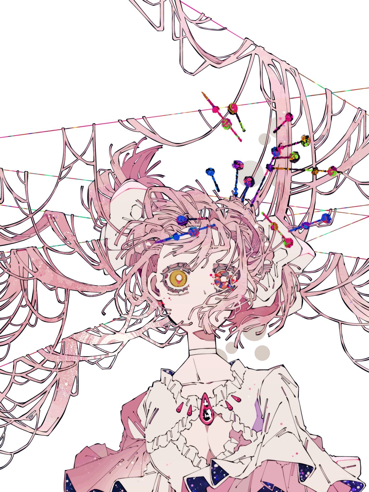 hoshimura yumea, kaname madoka, kaname madoka (magical girl), ultimate madoka, mahou shoujo madoka magica, mahou shoujo madoka magica (anime), highres, 1girl, abstract, bow, choker, dress, frilled dress, frilled sleeves, frills, hair bow, heterochromia, long hair, looking at viewer, no mouth, pink hair, ribbon, ribbon choker, short twintails, solo, surreal, twintails, white background, white choker, white dress, white ribbon, yellow eyes