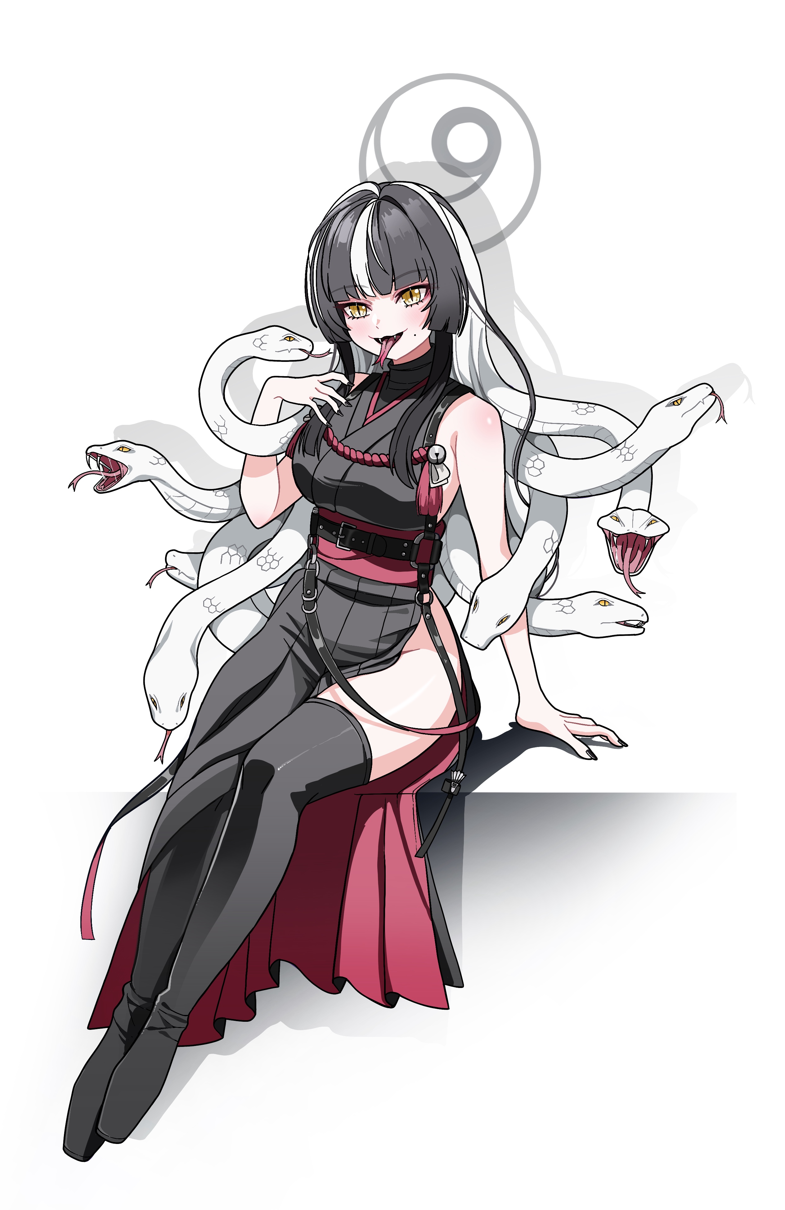 days (user zehd4554), azami (blue archive), blue archive, absurdres, highres, 1girl, black hair, black nails, black thighhighs, breasts, forked tongue, grey halo, halo, large breasts, long hair, multicolored hair, side slit, sitting, sleeveless, slit pupils, snake, snake hair, solo, thighhighs, tongue, two-tone hair, very long hair, white hair, white snake, yellow eyes