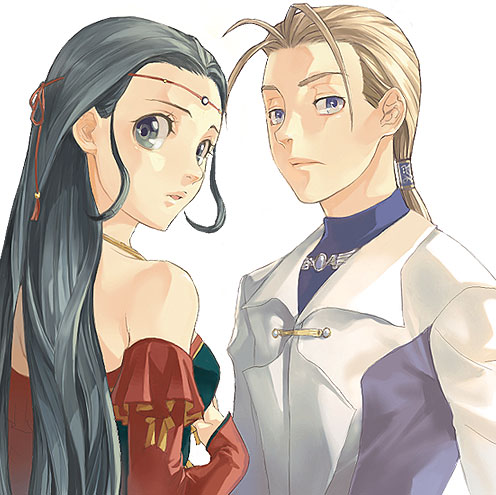 kaburaya, jillia blight, jowy atreides-blight, gensou suikoden, gensou suikoden ii, bad id, bad pixiv id, lowres, black hair, blonde hair, detached sleeves, grey eyes, long hair, ponytail