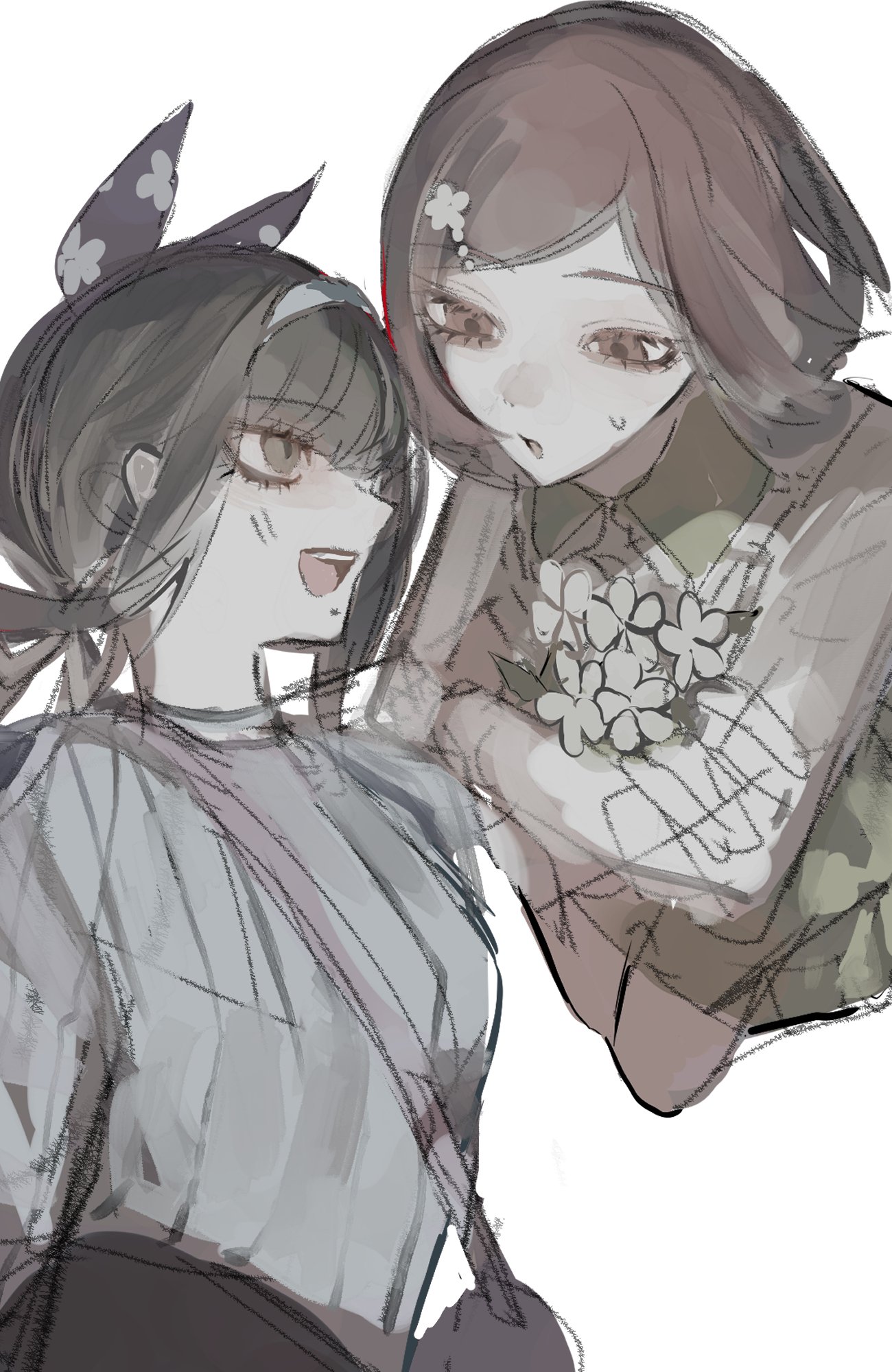 gure (sgr 1226), chabashira tenko, yumeno himiko, danganronpa (series), danganronpa v3: killing harmony, highres, 2girls, alternate costume, black hair, blush, collared shirt, eyelashes, flower, green eyes, grey theme, hair ornament, hair ribbon, hairband, long hair, long sleeves, looking at another, low twintails, mole, mole under mouth, multiple girls, muted color, open mouth, red eyes, red hair, ribbon, shirt, short hair, simple background, sketch, smile, twintails, white background, white flower