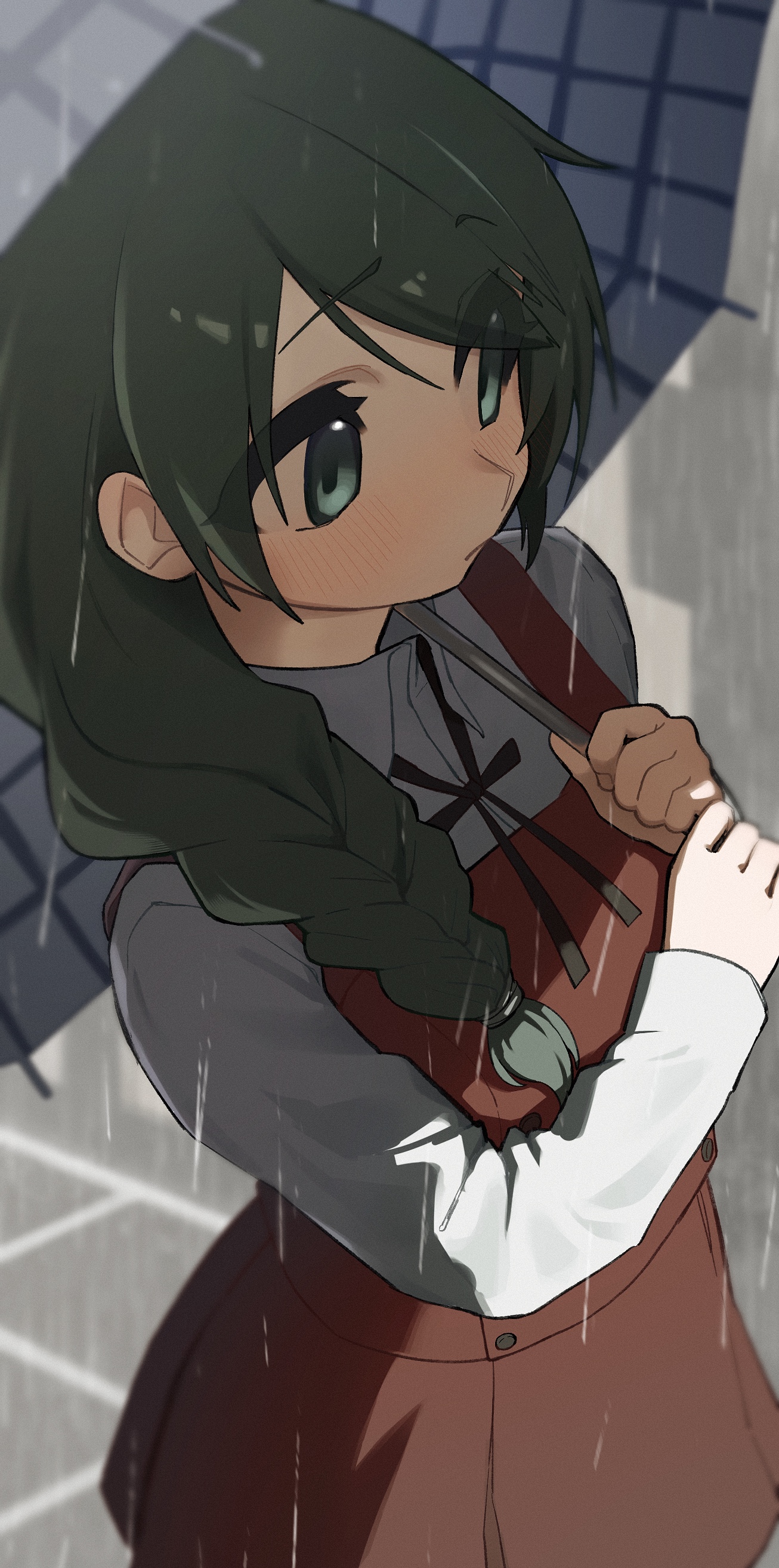 fujinari, natsume (hidamari sketch), hidamari sketch, absurdres, commission, highres, vgen commission, 1girl, black hair, blue eyes, braid, closed mouth, collared dress, dress, eyes visible through hair, hair over shoulder, holding, holding umbrella, long sleeves, rain, red skirt, shirt, single braid, skirt, skirt set, solo, umbrella, white shirt