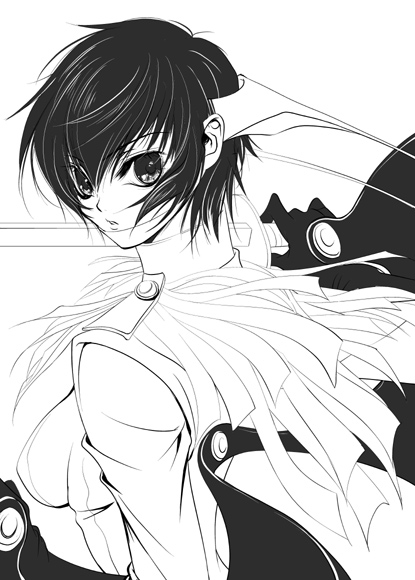 sakurasawa yukino, shirogane naoto, yamato takeru (persona), atlus, persona, persona 4, 1girl, cosplay, female focus, greyscale, monochrome, short hair, solo, yamato takeru (persona) (cosplay)