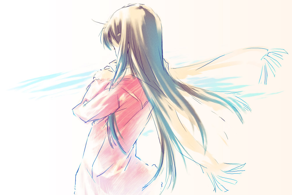 kawata hisashi, morikawa yuki, white album, white album (series), 1girl, black hair, dress, female focus, floating hair, from behind, long hair, long sleeves, red dress, sidelocks, simple background, sketch, solo, very long hair, white background, wind