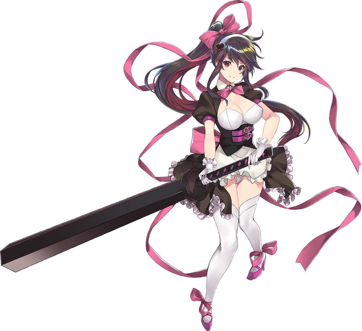 yuunagi (seventh heaven), choukou (alicesoft), choukou taisen escalation heroines, highres, official art, 1girl, black dress, bow, breasts, cleavage, club (weapon), dress, full body, gloves, hair bow, hair ornament, hair ribbon, hairband, heart, heart hair ornament, mitsurugi shouko, pink ribbon, red eyes, ribbon, smile, tachi-e, weapon, white gloves, white hairband