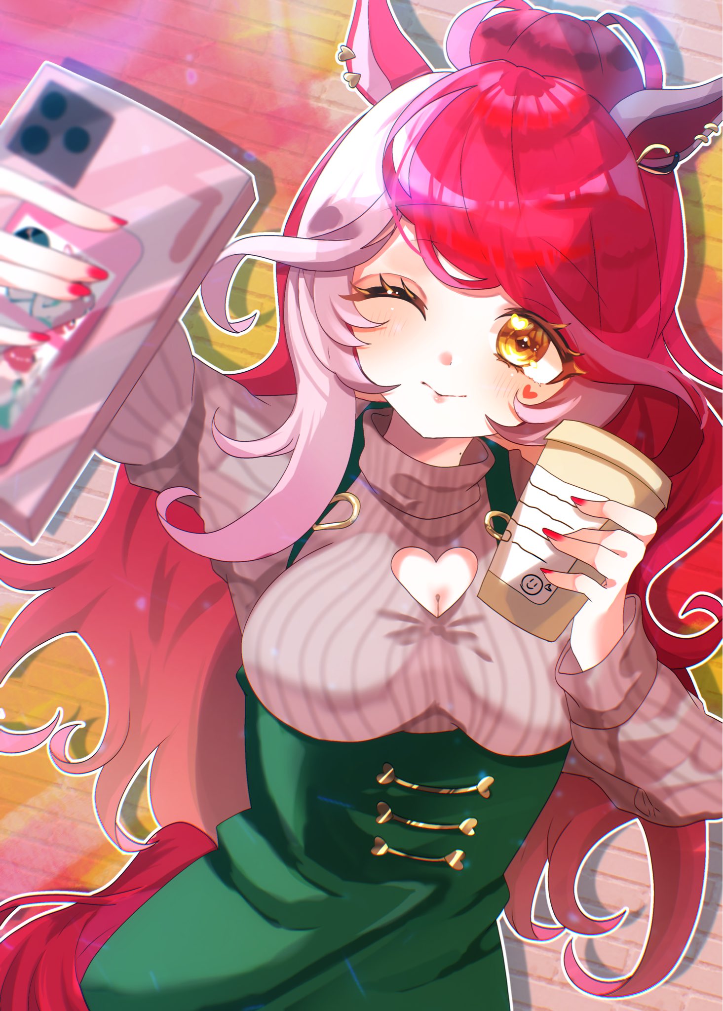 disney o626, loves only you (casual) (umamusume), loves only you (umamusume), umamusume, highres, 1girl, animal ears, blush, breasts, casual, cellphone, cleavage, closed mouth, clothing cutout, cup, disposable coffee cup, disposable cup, dress, green dress, grey sweater, hair between eyes, hair ornament, heart cutout, holding, holding cup, holding phone, horse ears, horse girl, horse tail, large breasts, long hair, looking at viewer, multicolored hair, one eye closed, phone, red hair, red nails, ribbed sweater, selfie, smartphone, smile, solo, sweater, tail, yellow eyes