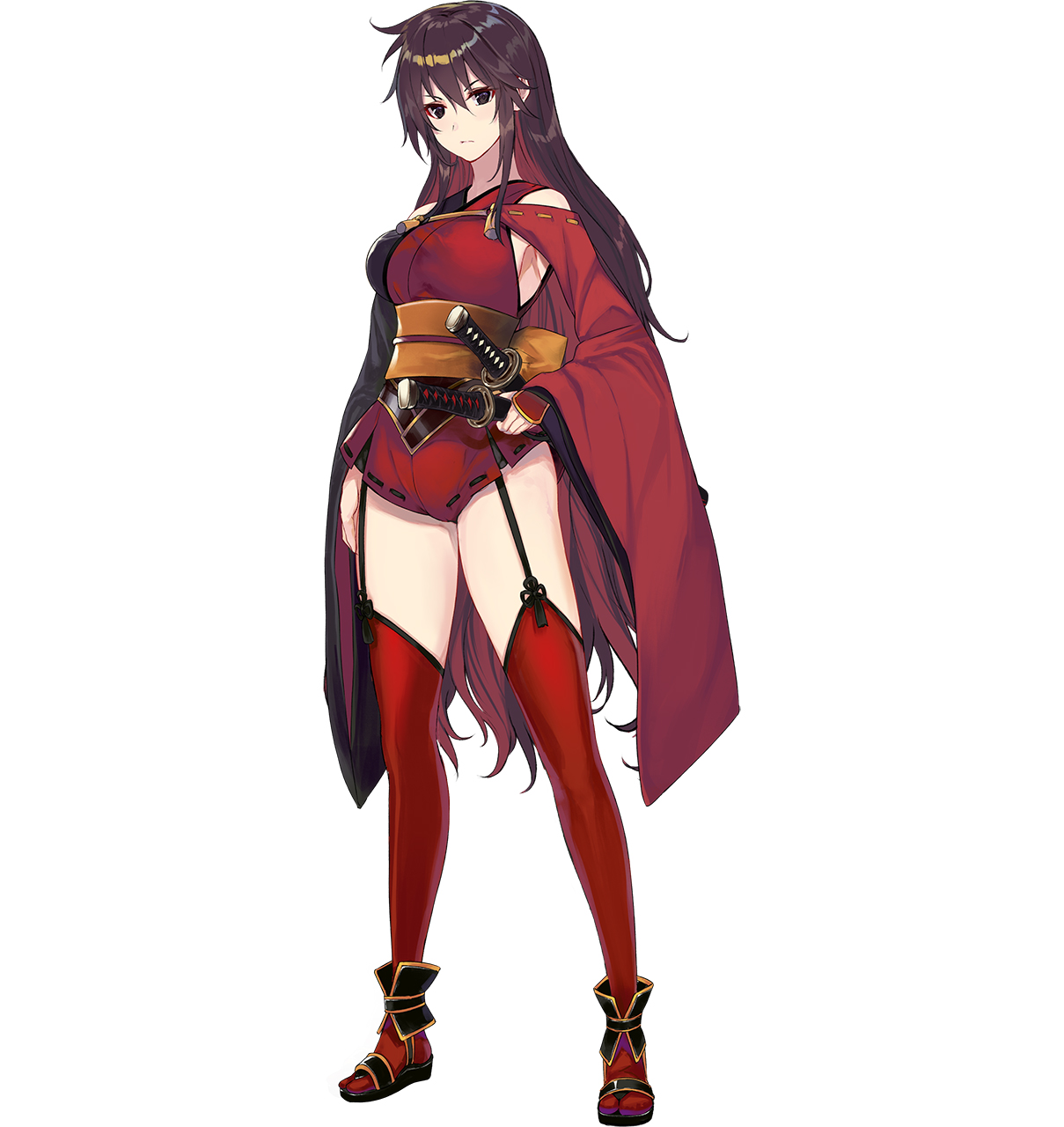 yuunagi (seventh heaven), choukou (alicesoft), choukou taisen escalation heroines, highres, official art, 1girl, bare shoulders, black eyes, black sandals, breasts, brown hair, full body, japanese clothes, katana, large breasts, long hair, mitsurugi shouko, ninja, red shawl, red thighhighs, sandals, shawl, sword, tachi-e, thighhighs, weapon