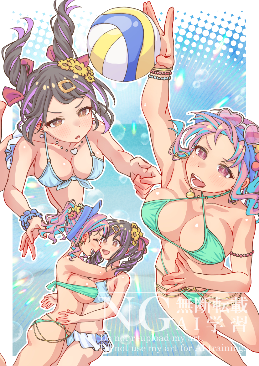 minori 13101, hozuki kaede, oyama mihari, onii-chan wa oshimai!, commentary, symbol-only commentary, 2girls, :d, ^ ^, arm up, armpits, ball, bare arms, bare legs, bare shoulders, bead armlet, bead bracelet, beads, bikini, black hair, blue bikini, blue hair, blush, bracelet, breasts, brown eyes, cleavage, closed eyes, collarbone, criss-cross halter, drill hair, earrings, flower, forehead, front-tie bikini top, front-tie top, green bikini, hair flower, hair ornament, hair ribbon, hairclip, halterneck, heart, heart-shaped eyewear, heart necklace, hug, jewelry, large breasts, long hair, multicolored hair, multiple girls, multiple views, necklace, open mouth, outline, pink-tinted eyewear, pink eyes, pink hair, ponytail, purple hair, red ribbon, ribbon, smile, swimsuit, tinted eyewear, twin drills, twintails, two-tone hair, v-shaped eyebrows, visor cap, volleyball, volleyball (object), watermark, white-framed eyewear, white outline, yuri