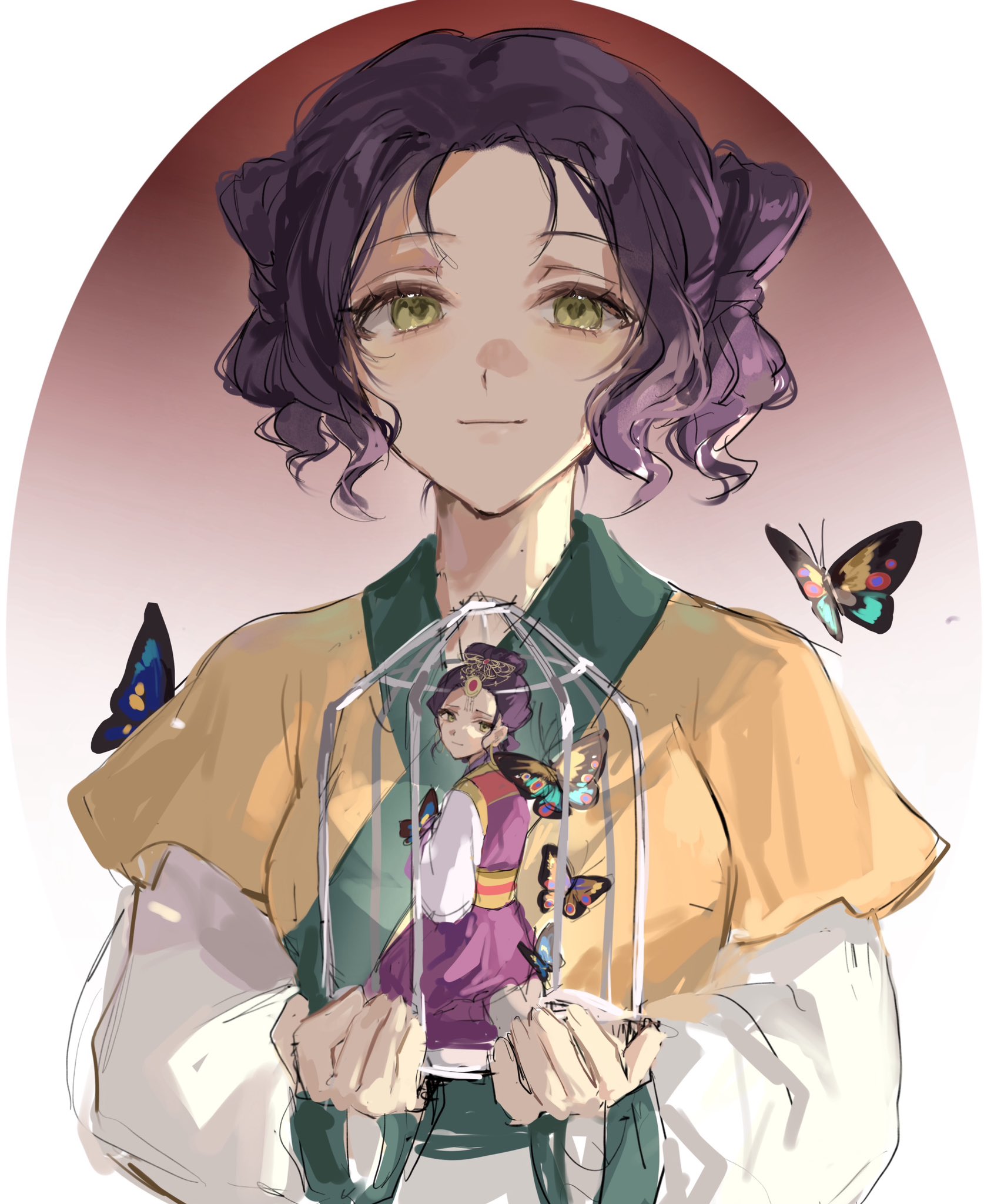 yuikisezu, loulan (kusuriya no hitorigoto), shisui (kusuriya no hitorigoto), kusuriya no hitorigoto, highres, 2girls, breasts, bug, butterfly, cage, chinese clothes, dress, in cage, in palm, insect, kneeling, light smile, looking at viewer, medium breasts, multiple girls, parted bangs, purple dress, purple hair, sketch, updo, upper body, wavy hair, yellow eyes