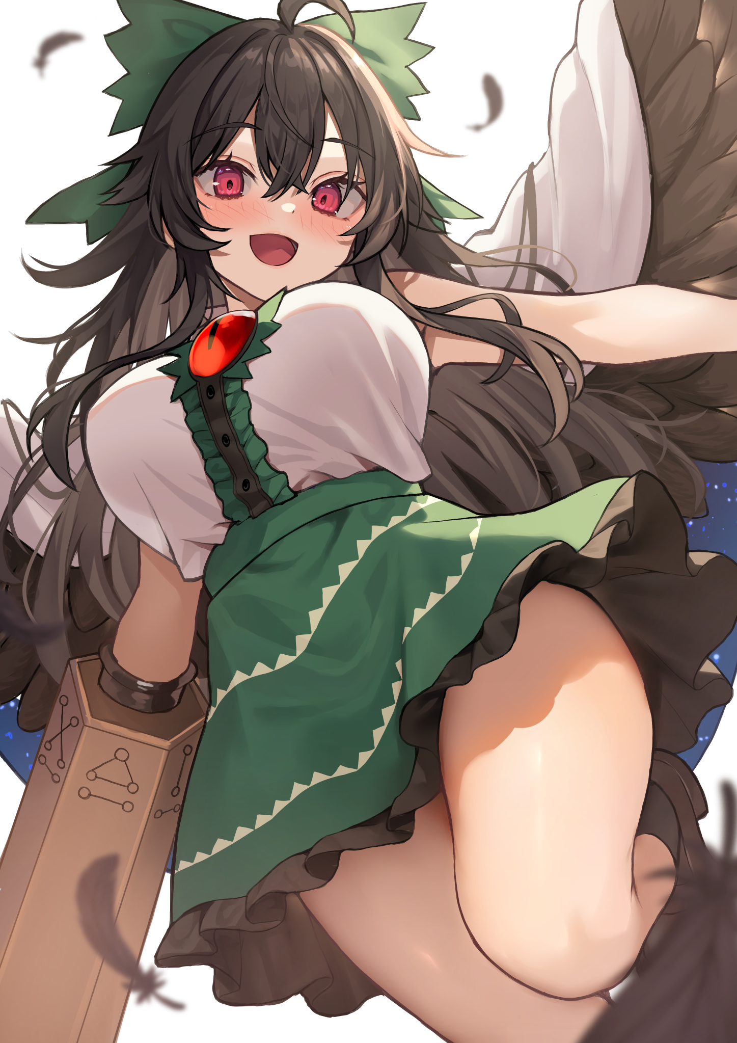 wowoguni, reiuji utsuho, touhou, commentary request, highres, 1girl, ahoge, arm cannon, bird wings, black wings, blurry, blush, bow, breasts, brown hair, brown wings, depth of field, falling feathers, feathers, from below, green bow, green skirt, hair between eyes, large breasts, long hair, looking at viewer, miniskirt, open mouth, shirt, shirt tucked in, simple background, skirt, smile, solo, thighs, third eye, third eye on chest, weapon, white background, white shirt, wings