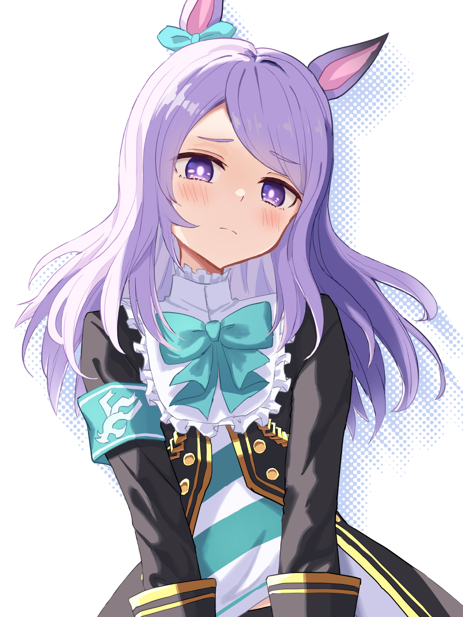 shiroiro en, mejiro mcqueen (frontline elegance) (umamusume), mejiro mcqueen (umamusume), umamusume, commentary request, highres, partial commentary, 1girl, animal ears, armband, black jacket, blush, bow, bowtie, ear bow, green armband, green bow, green bowtie, horse ears, horse girl, jacket, long hair, long sleeves, looking at viewer, purple eyes, purple hair, solo, swept bangs, upper body