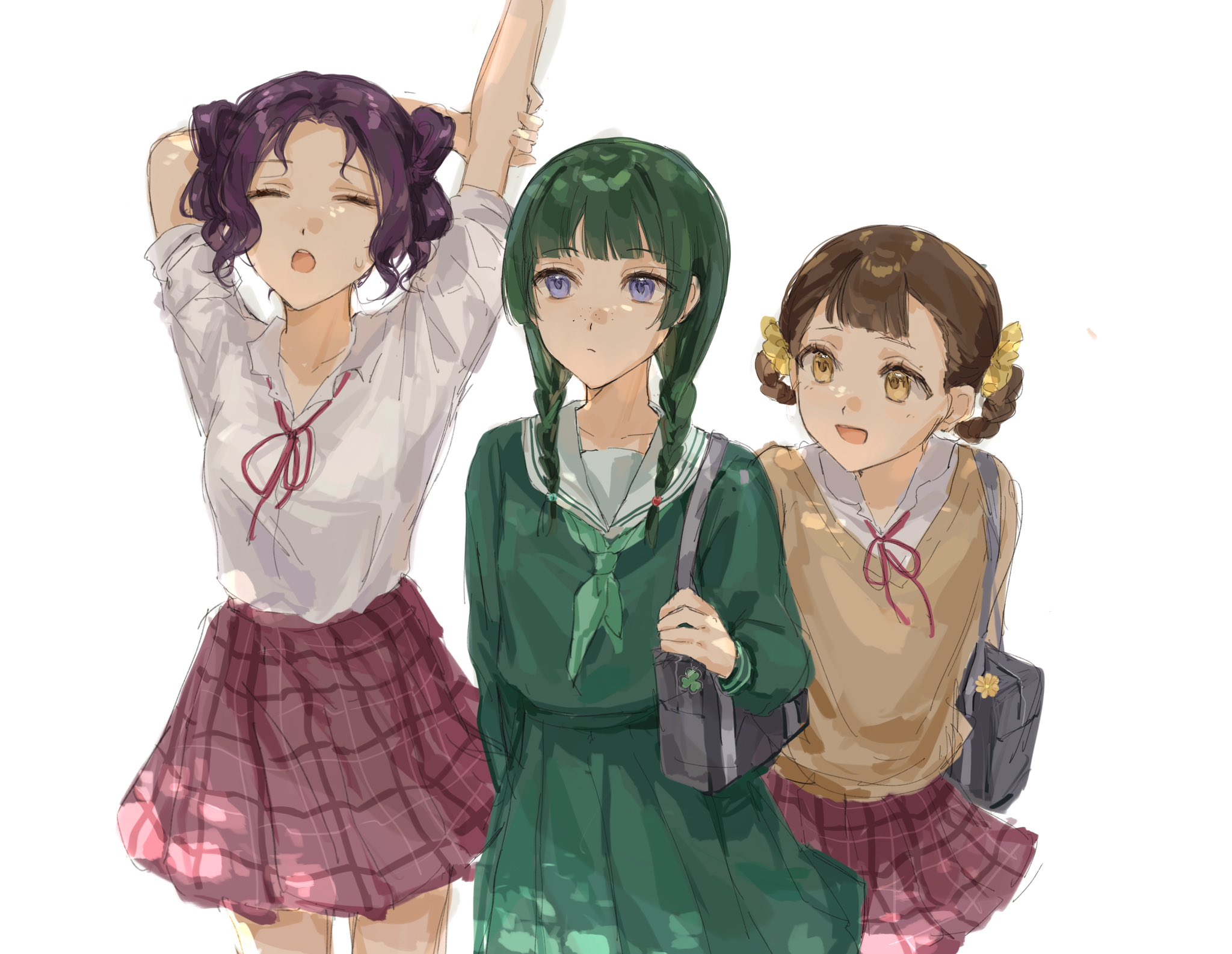 yuikisezu, maomao (kusuriya no hitorigoto), shisui (kusuriya no hitorigoto), xiaolan (kusuriya no hitorigoto), kusuriya no hitorigoto, highres, 3girls, bag, blue eyes, blunt bangs, braid, braided hair rings, breasts, brown eyes, brown hair, closed eyes, collared shirt, cowboy shot, freckles, green hair, green neckerchief, green shirt, green skirt, hair rings, medium breasts, multiple girls, neck ribbon, neckerchief, open mouth, parted bangs, plaid clothes, plaid skirt, purple hair, red ribbon, red skirt, ribbon, sailor collar, school uniform, shirt, shirt under sweater, shoulder bag, skirt, smile, stretching, sweatdrop, sweater, twin braids, updo, white background, white sailor collar, white shirt, yellow sweater