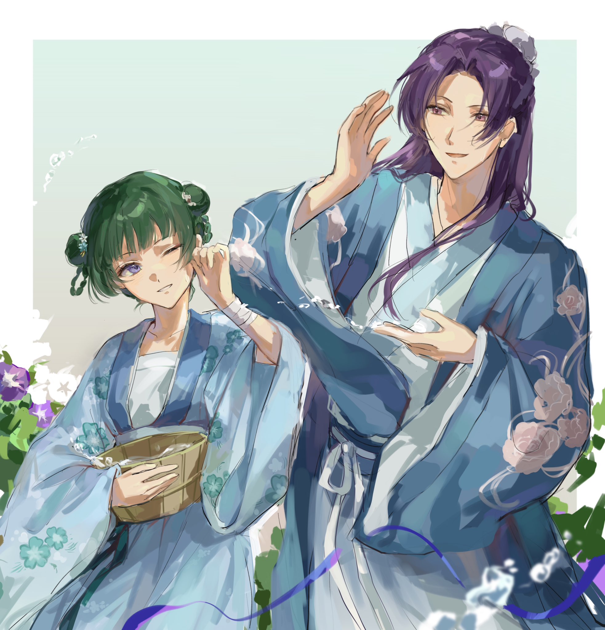 yuikisezu, jinshi (kusuriya no hitorigoto), maomao (kusuriya no hitorigoto), kusuriya no hitorigoto, highres, 1boy, 1girl, blue eyes, blue robe, blunt bangs, border, bowl, braid, braided hair rings, breasts, bun cover, chinese clothes, cowboy shot, double bun, green hair, hair bun, hair rings, holding, holding bowl, one eye closed, parted bangs, parted lips, pink eyes, purple hair, robe, sketch, small breasts, smile, white border, wide sleeves
