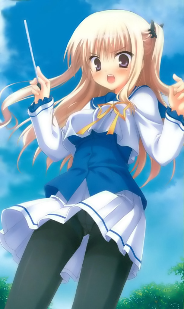 muririn, hibarigaoka yuki, bra-ban!, 1girl, blonde hair, blush, conductor, conductor baton, crotch seam, female focus, mole, mole under eye, open mouth, panties, panties under pantyhose, pantyhose, pantyshot, purple eyes, school uniform, solo, tsundere, underwear, wand, wind, wind lift