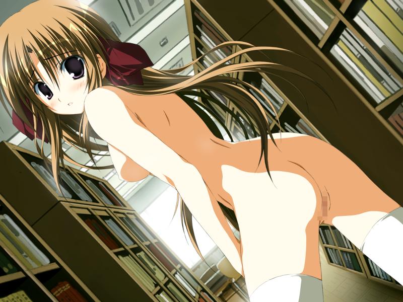 korie riko, hosaka nanami, terebi no kieta hi, game cg, 1girl, ass, back, blush, book, bookshelf, bow, breasts, brown eyes, brown hair, censored, dutch angle, female focus, hair bow, library, long hair, looking back, medium breasts, mosaic censoring, nude, parted lips, public indecency, pussy, solo, thighhighs, white thighhighs, zenra
