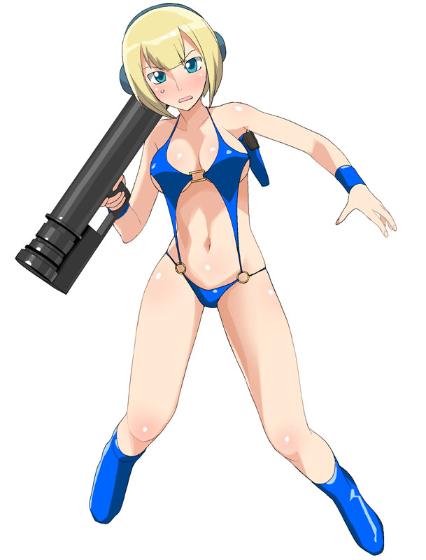 a1 (initial-g), louise halevy, gundam, gundam 00, victory gundam, 1990s (style), bikini, blonde hair, blue eyes, blush, boots, crossover, gun, handgun, holster, m1 bazooka, parody, pistol, retro artstyle, rocket launcher, short hair, slingshot swimsuit, sweatdrop, swimsuit, weapon