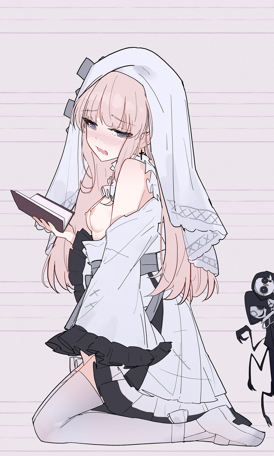 yun cao bing, hikami meruru, mahou shoujo no majo saiban, chinese commentary, commentary request, highres, 1girl, blush, breasts, female masturbation, frilled sleeves, frills, grey background, grey eyes, kneeling, long hair, long sleeves, masturbation, medium breasts, nipples, open mouth, pink hair, saliva, thighhighs, veil, white thighhighs