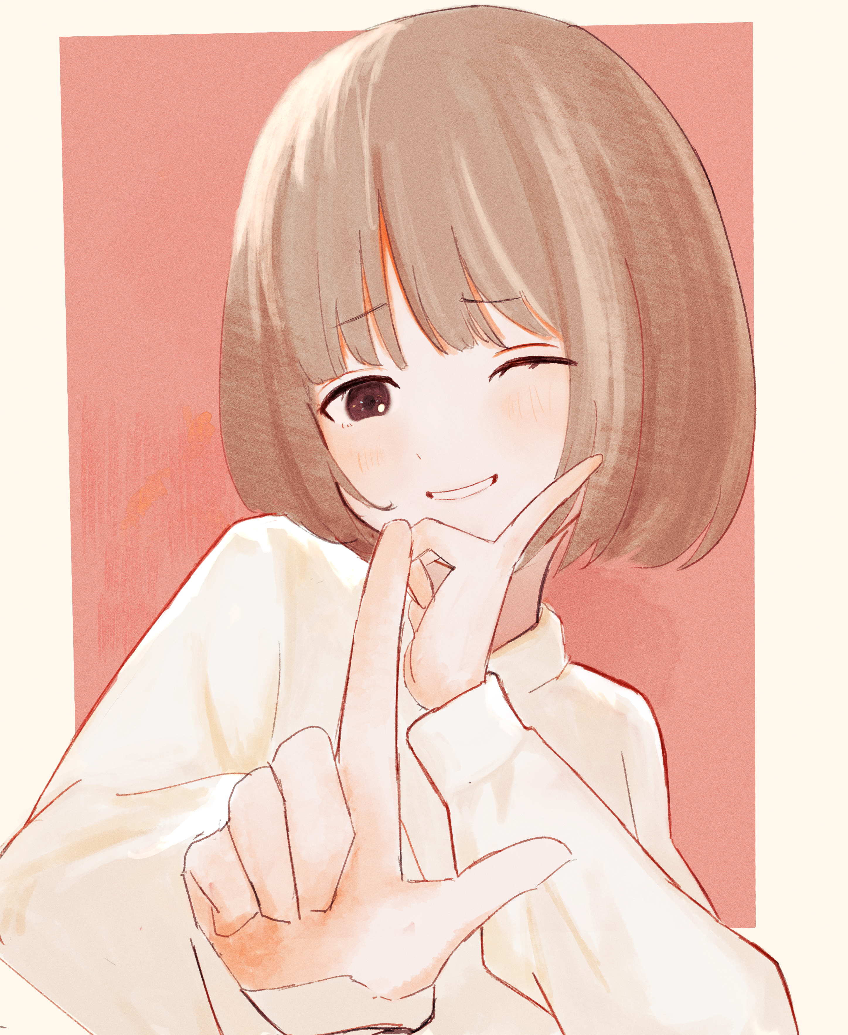 original, absurdres, commentary request, highres, 1girl, blush, border, brown eyes, brown hair, grin, hand on own face, index finger raised, looking at viewer, minamo chibame, one eye closed, pink background, portrait, short hair, smile, solo, sweater, white border, white sweater