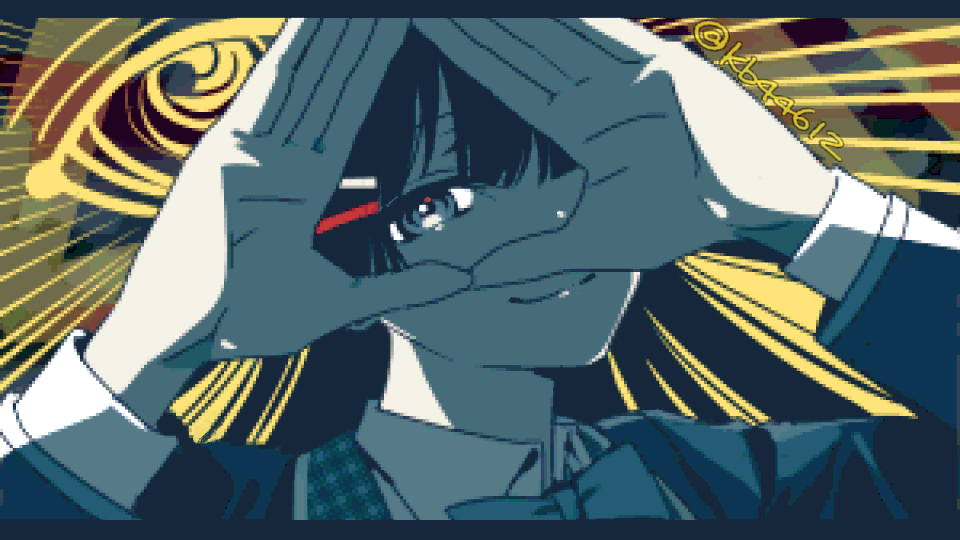 mochizuki (kb44612), tsukino mito, tsukino mito (1st costume), nijisanji, toshi densetsu kaitai center, hashtag-only commentary, 1girl, closed mouth, eye of providence, hair ornament, hairclip, hands up, jaggy lines, letterboxed, limited palette, long hair, long sleeves, looking at viewer, looking through fingers, own hands together, parody, school uniform, smile, solo, triangle hands, twitter username, upper body, virtual youtuber