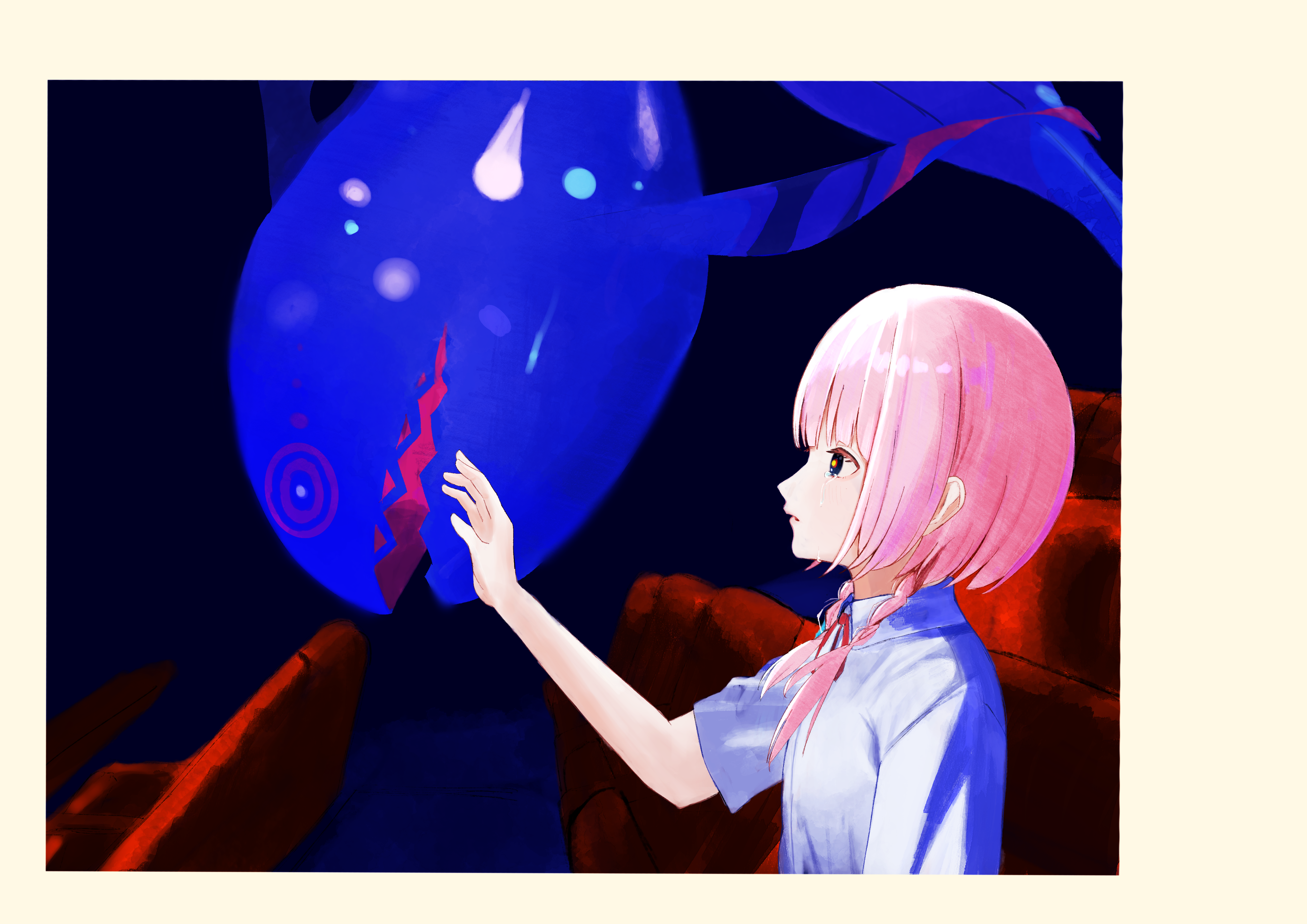 kaf (kamitsubaki studio), laplace (kamitsubaki studio), kamitsubaki studio, absurdres, commentary request, highres, 1girl, blue eyes, border, braid, collared shirt, from side, hand up, indoors, minamo chibame, neck ribbon, pink hair, portrait, red ribbon, ribbon, shirt, shorts, solo, twin braids, virtual youtuber, whale, white border, white shirt, yellow pupils